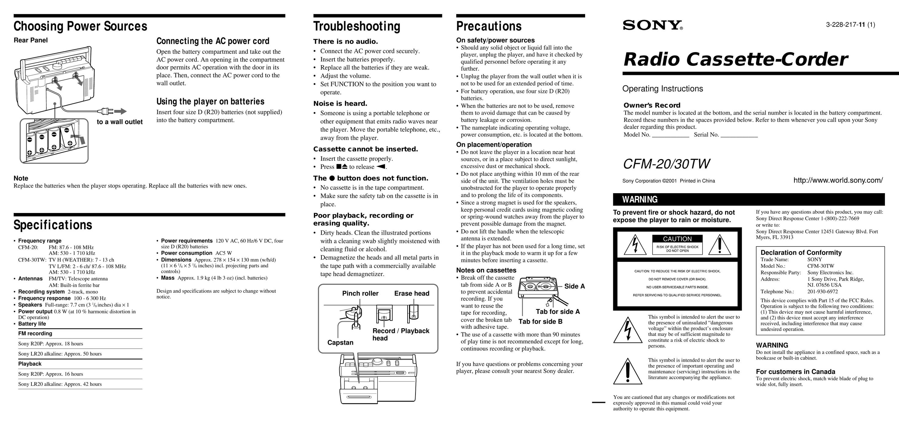 Sony CFM-20 Cassette Player User Manual