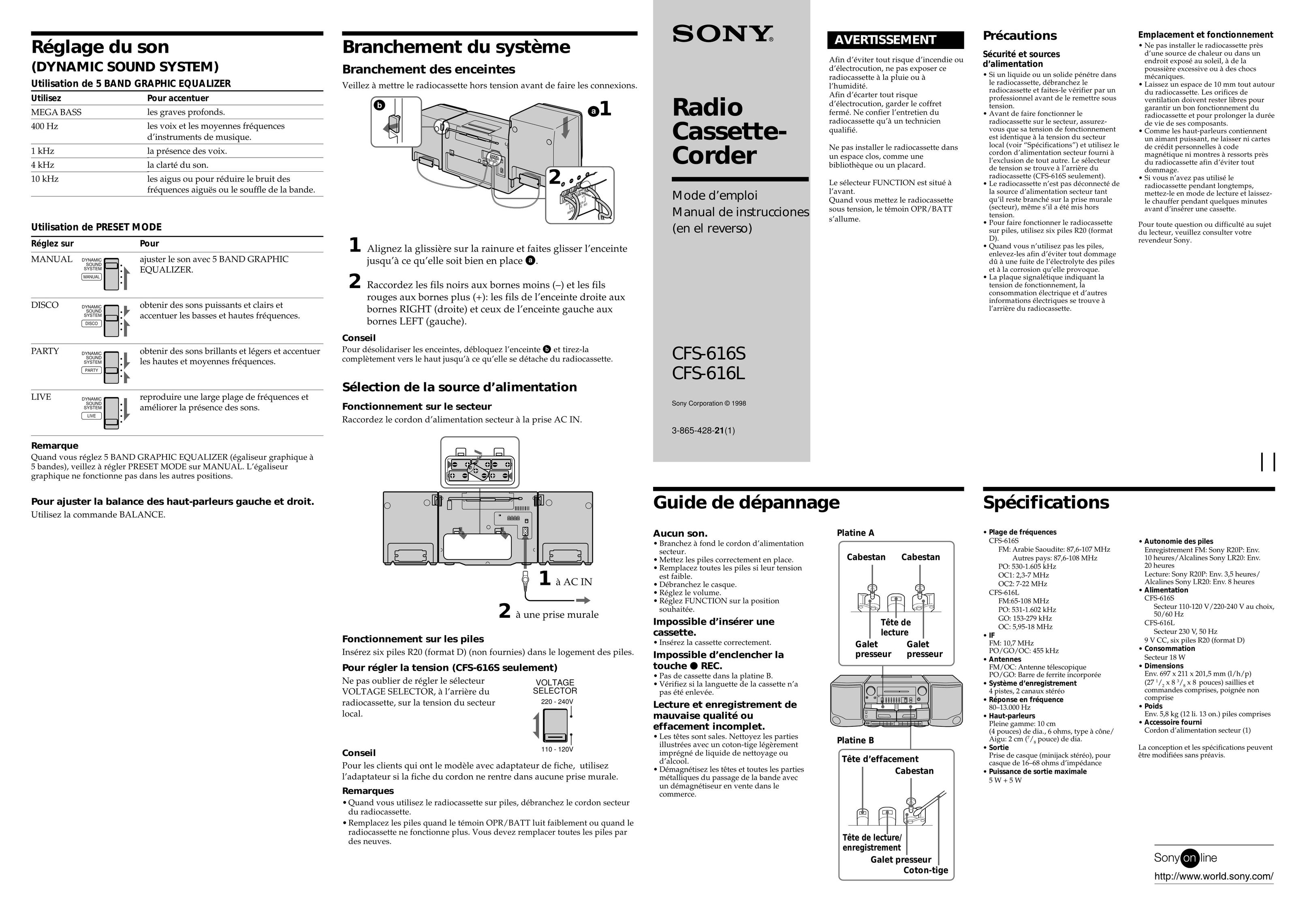 Sony CFS-616L Cassette Player User Manual