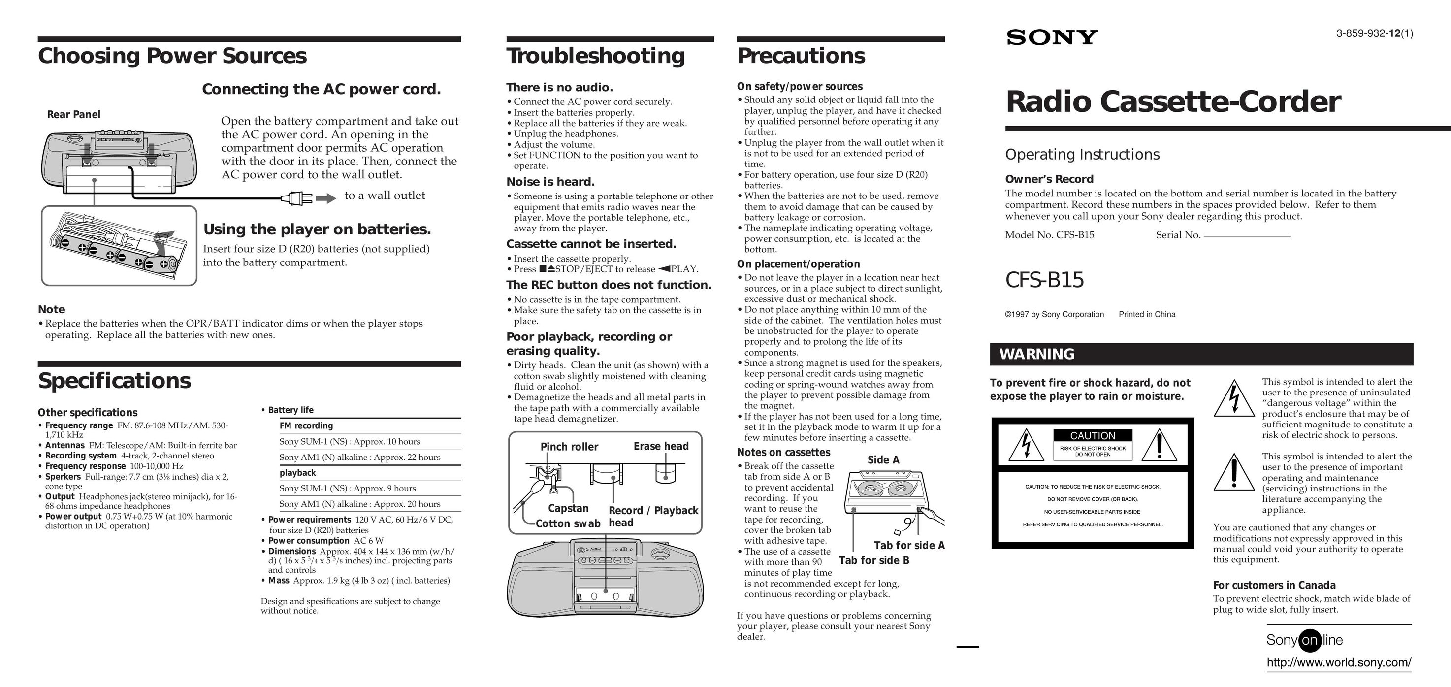 Sony CFS-B15 Cassette Player User Manual