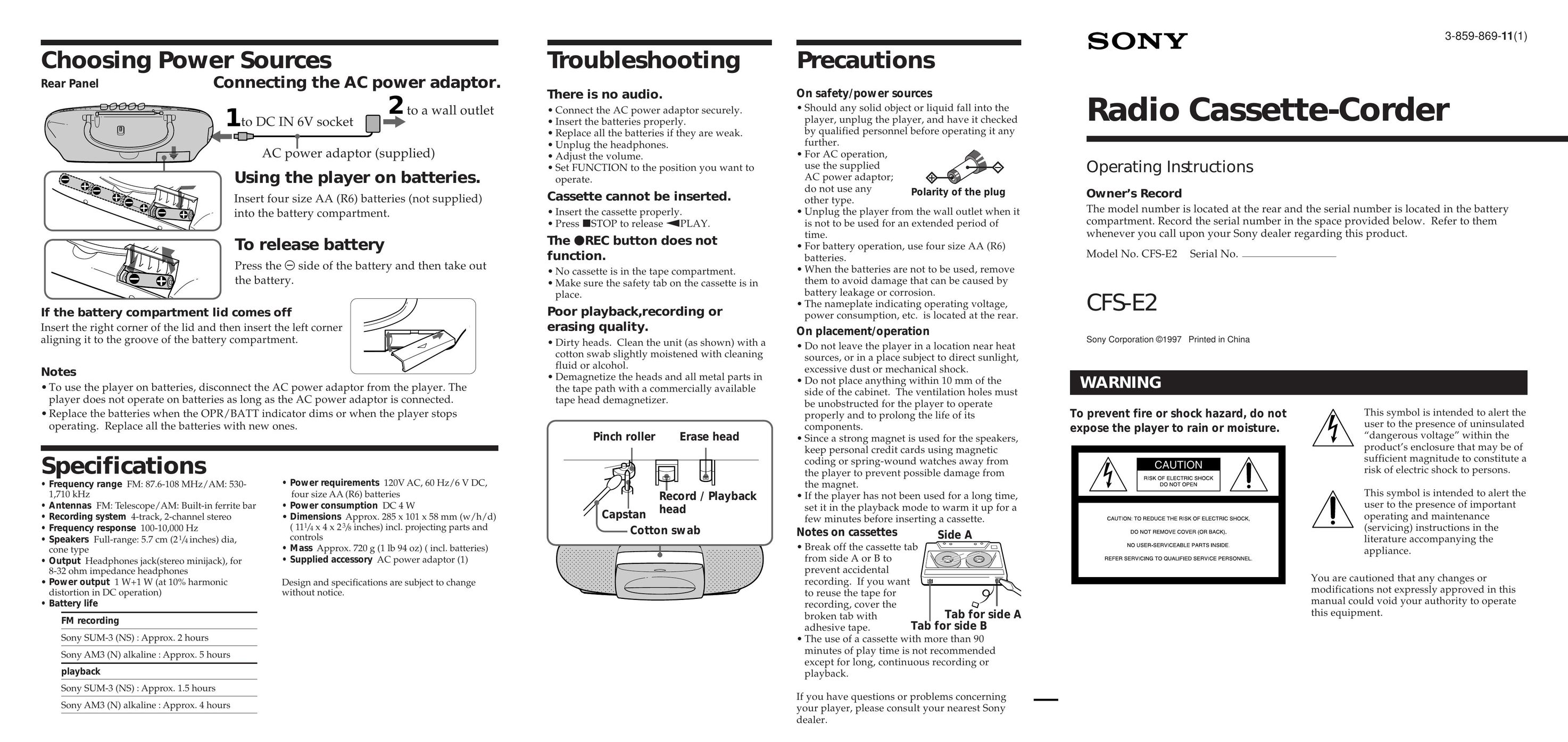 Sony CFS-E2 Cassette Player User Manual