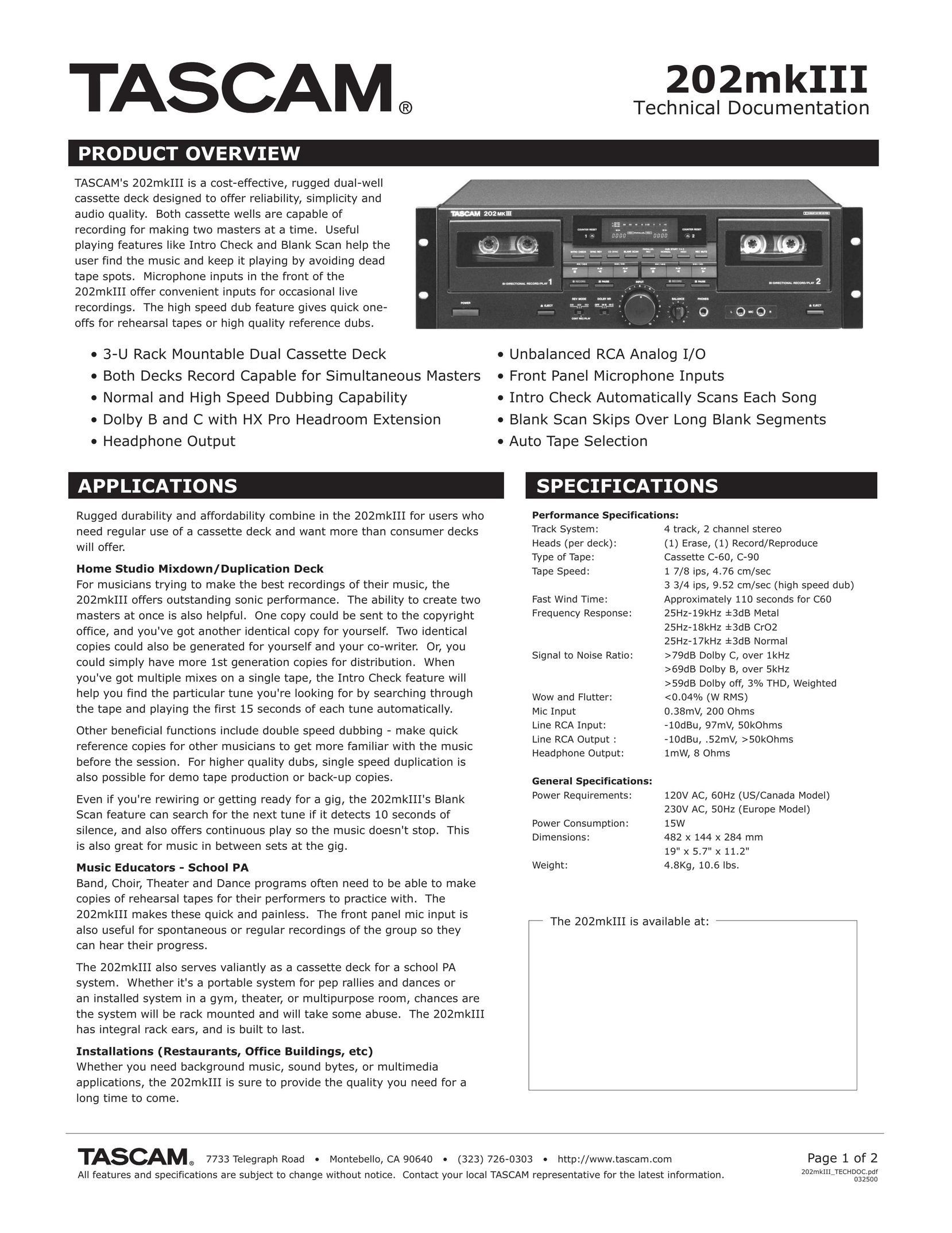 Tascam 202mkIII Cassette Player User Manual