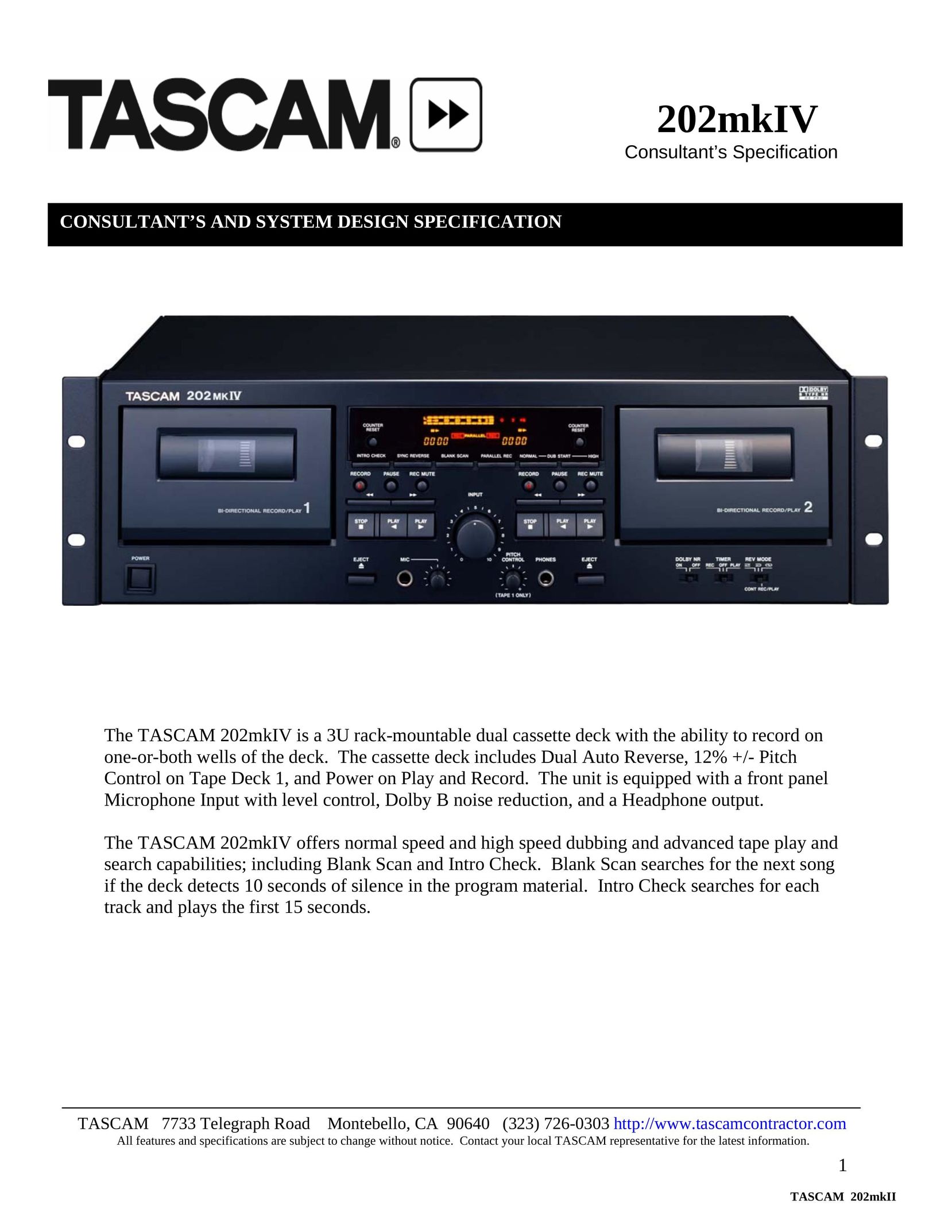 Tascam 202mkIV Cassette Player User Manual