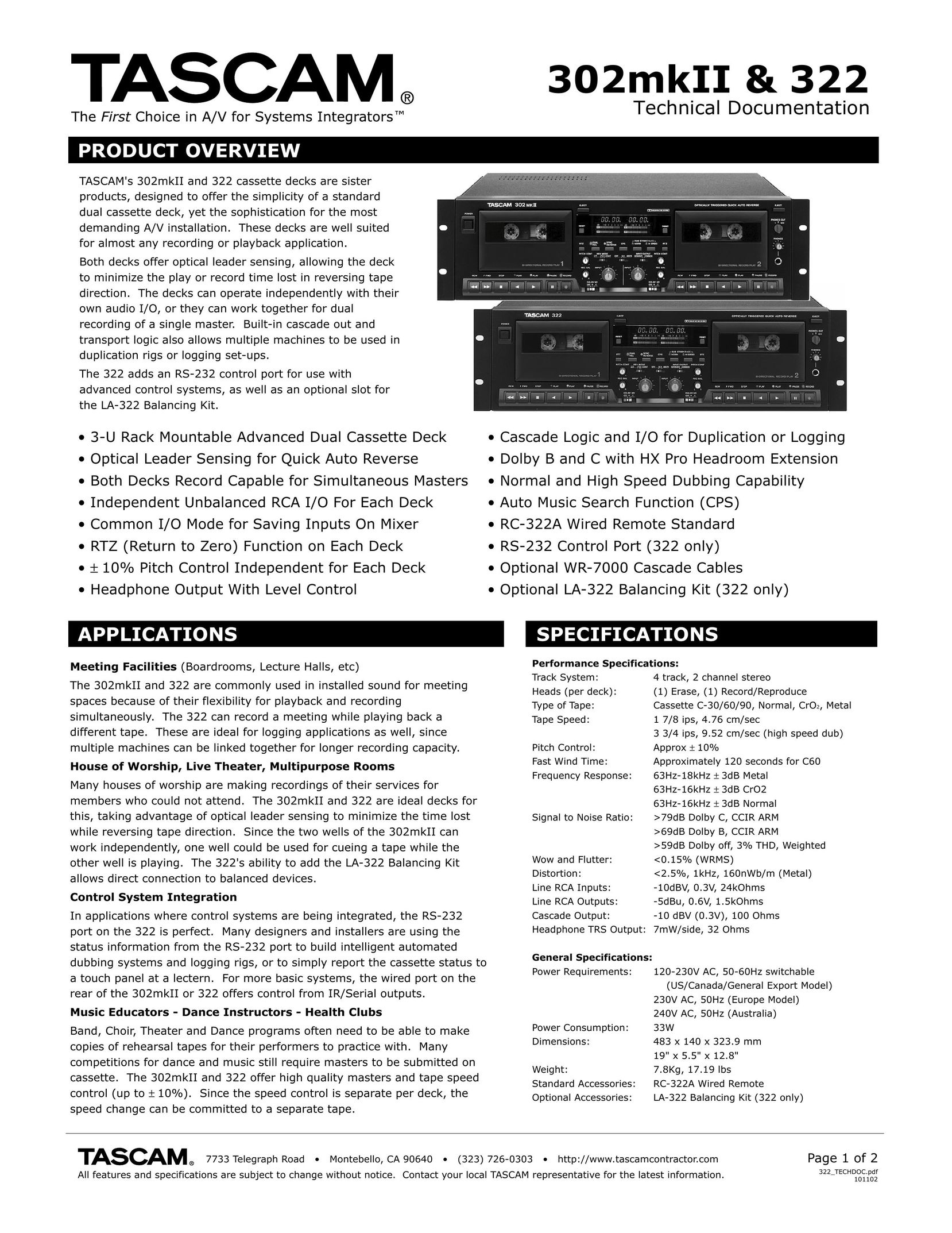 Tascam 302mkII Cassette Player User Manual