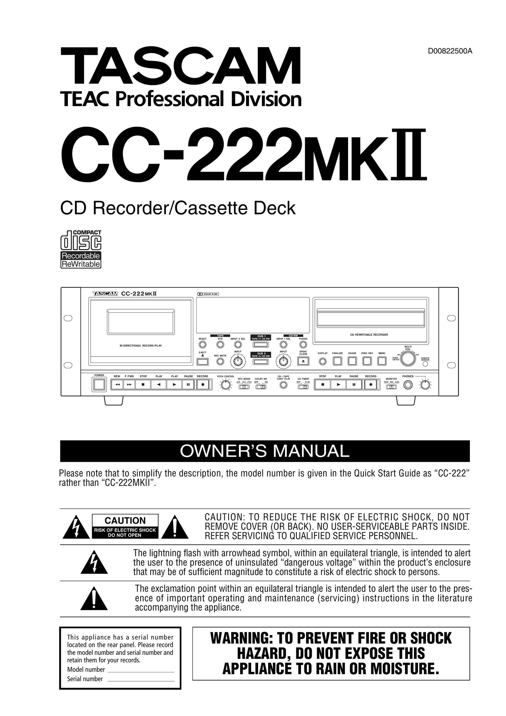 Tascam CC-222MKII Cassette Player User Manual