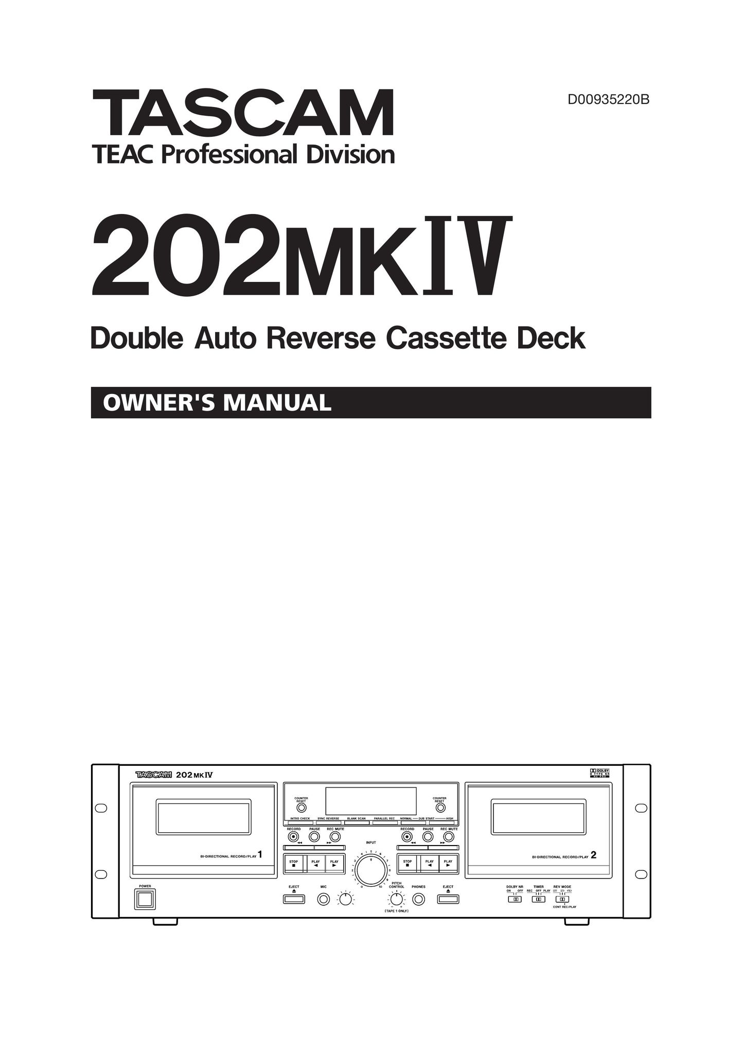 Tascam D00935220B Cassette Player User Manual