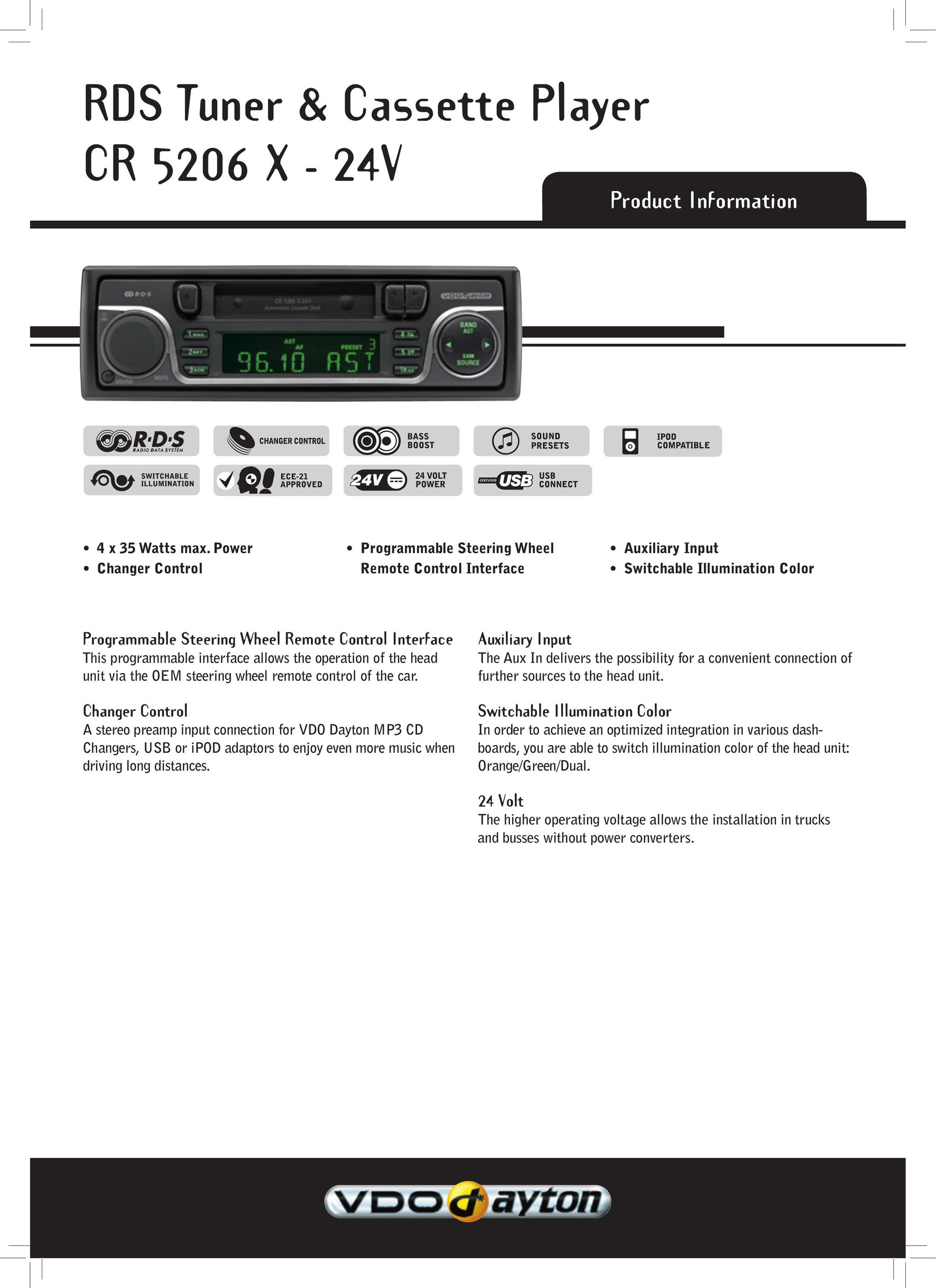 VDO Dayton CR 5206 X - 24V Cassette Player User Manual