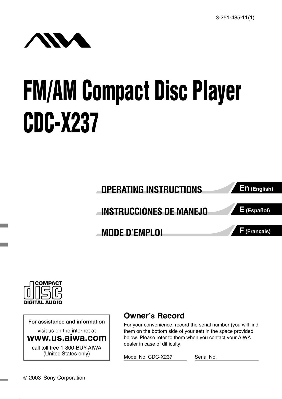 Aiwa CDC-X237 CD Player User Manual