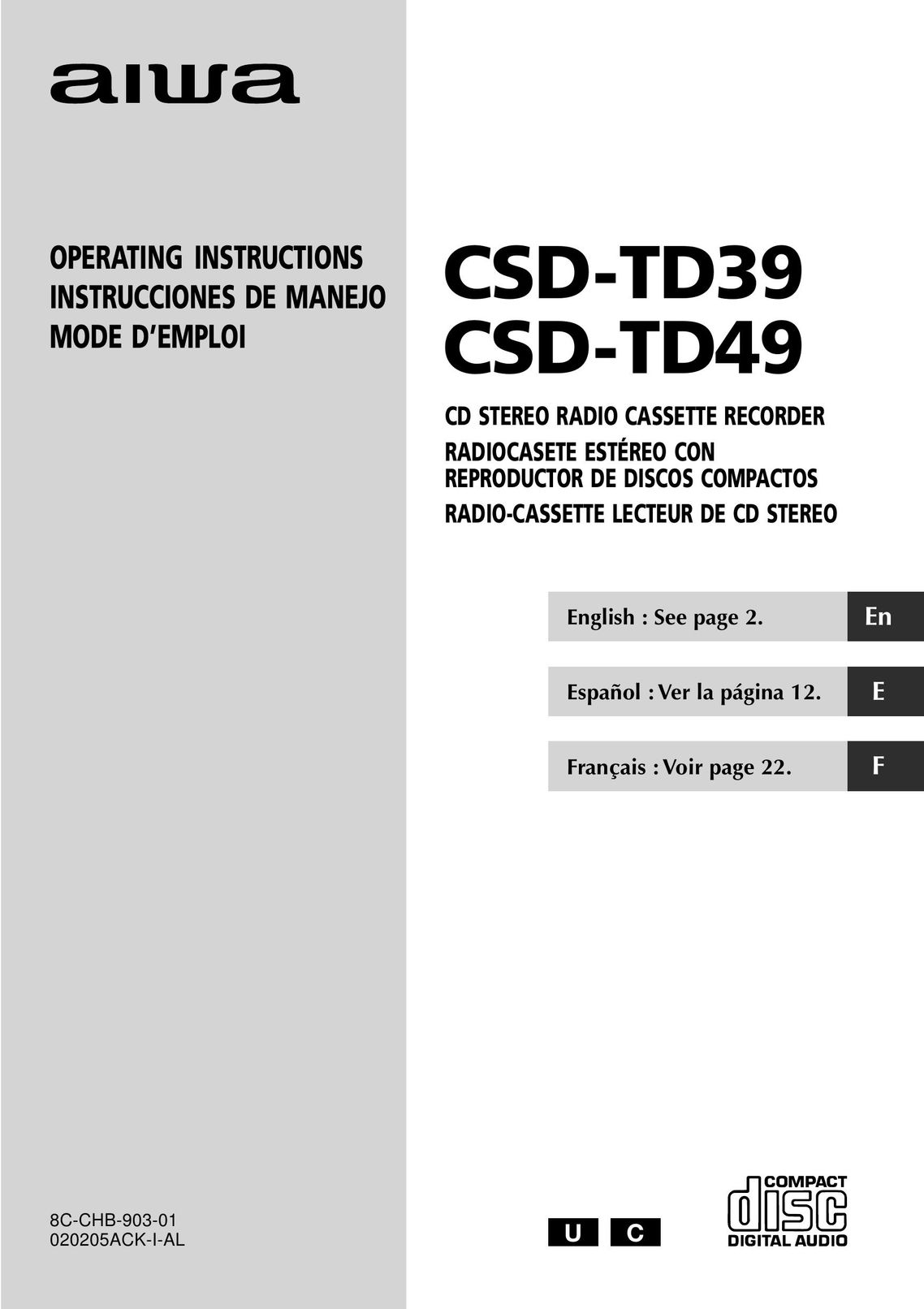 Aiwa CSD-TD39 CD Player User Manual