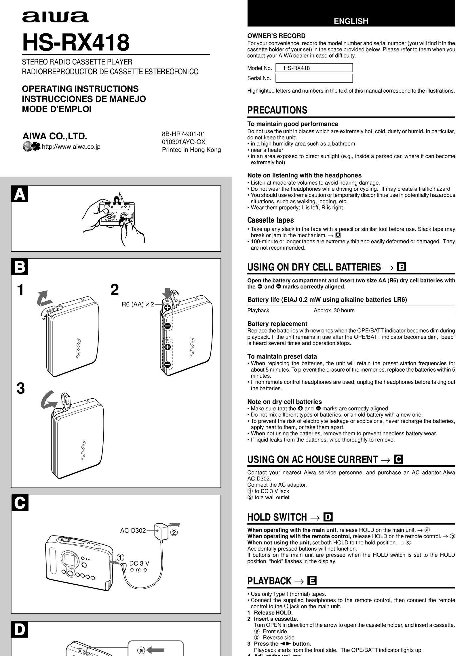 Aiwa HS-RX418 CD Player User Manual