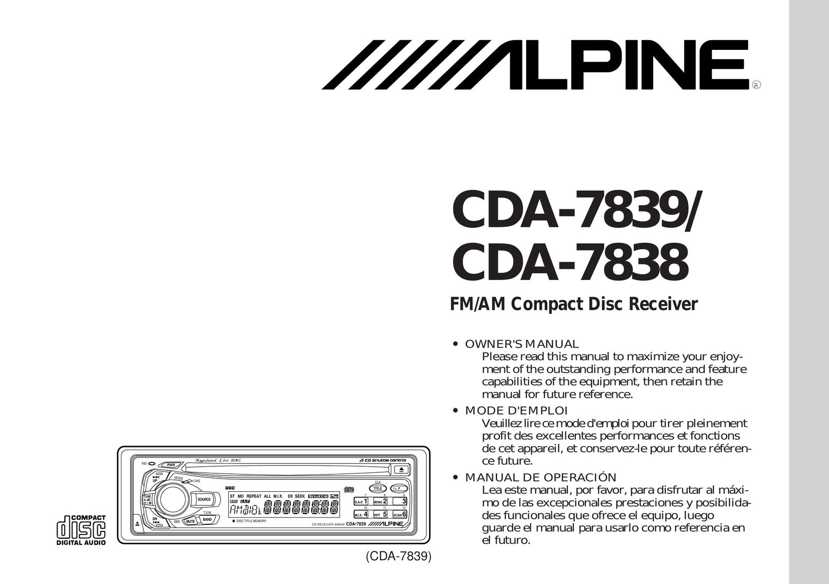 Alpine CDA-7838 CD Player User Manual