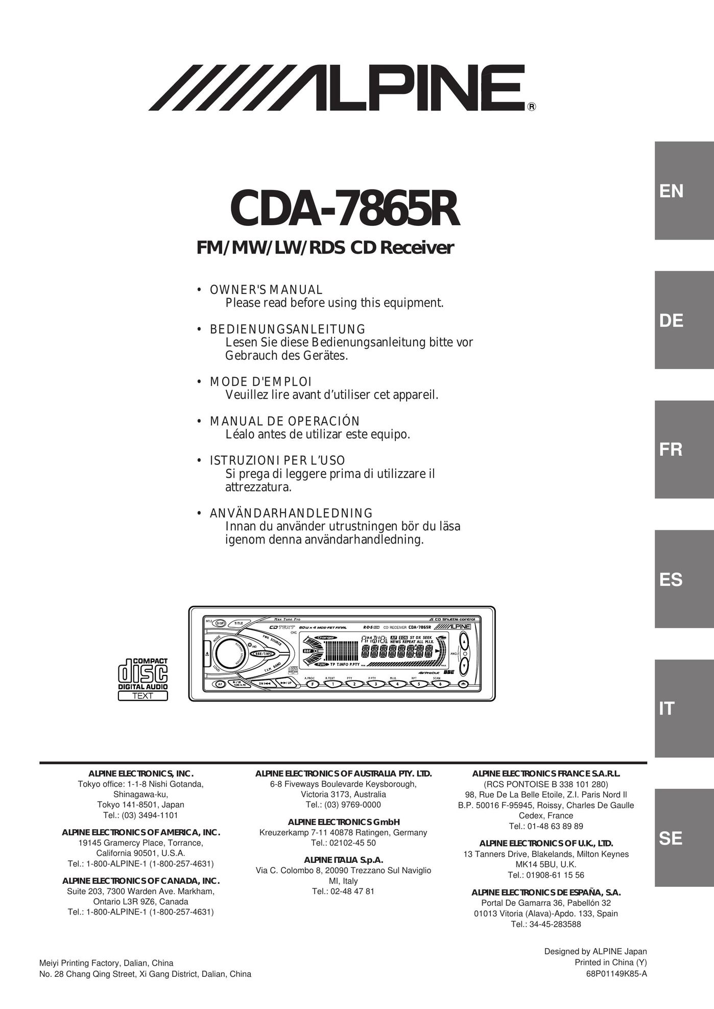Alpine CDA-7865R CD Player User Manual