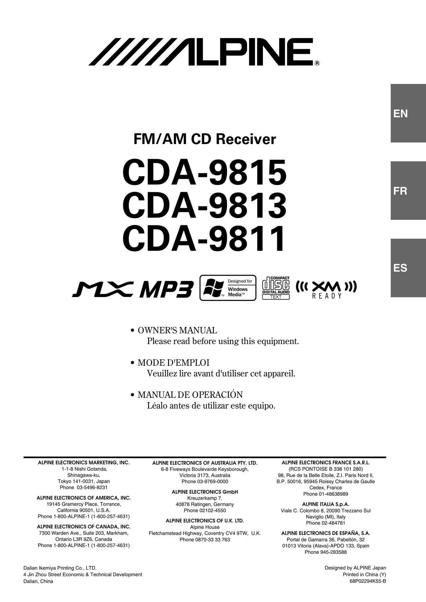 Alpine CDA-9815 CD Player User Manual