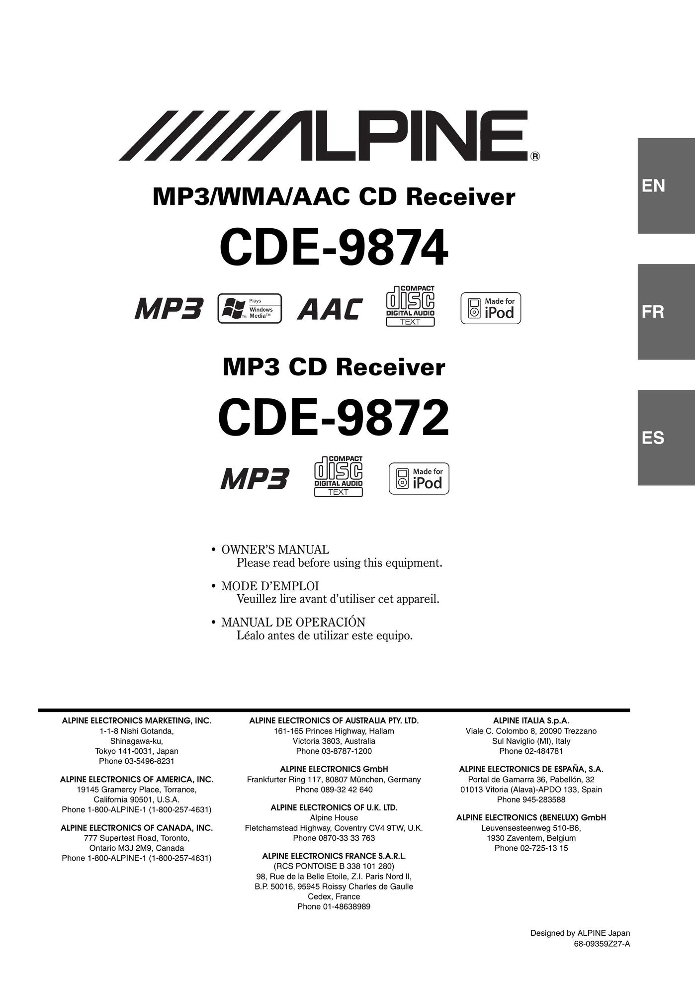 Alpine CDE-9872 CD Player User Manual