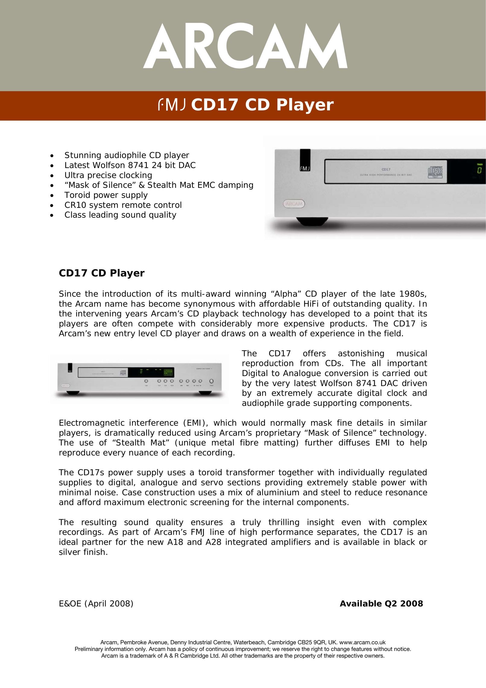 Arcam FMJ CD17 CD Player User Manual