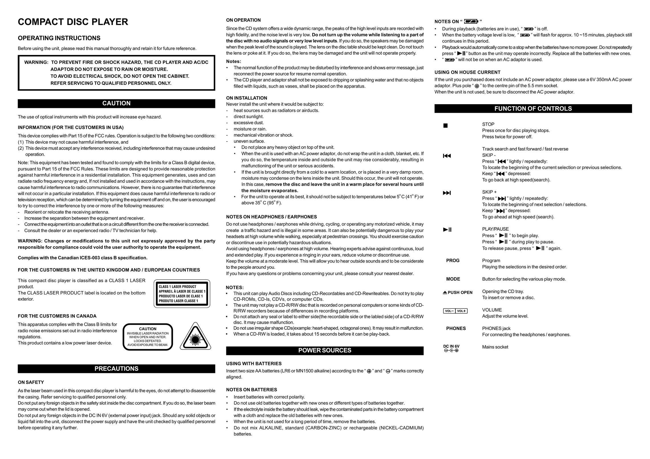 Audiovox CE147 CD Player User Manual
