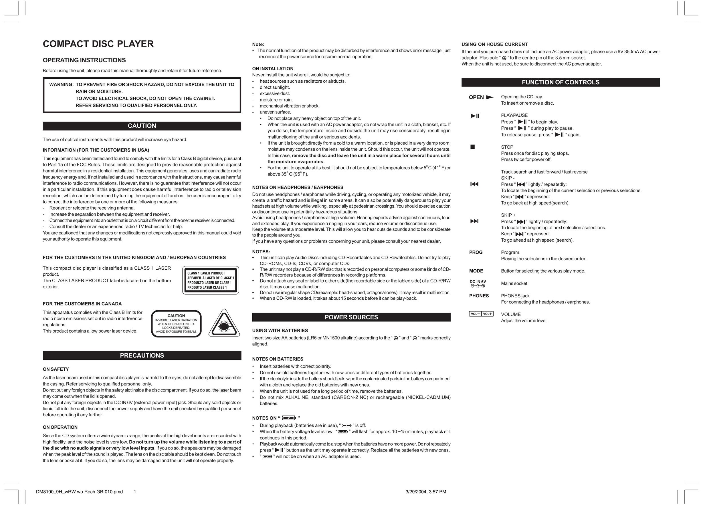 Audiovox DM8710-8JAS CD Player User Manual