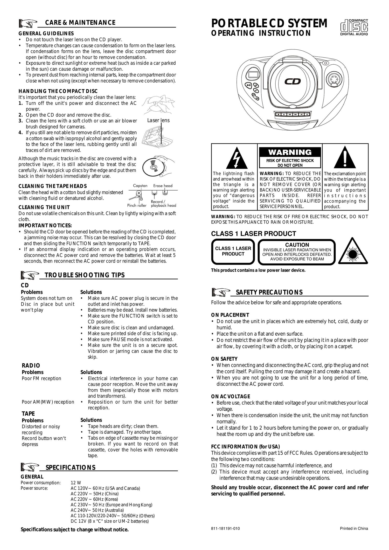 Audiovox Portable CD System CD Player User Manual