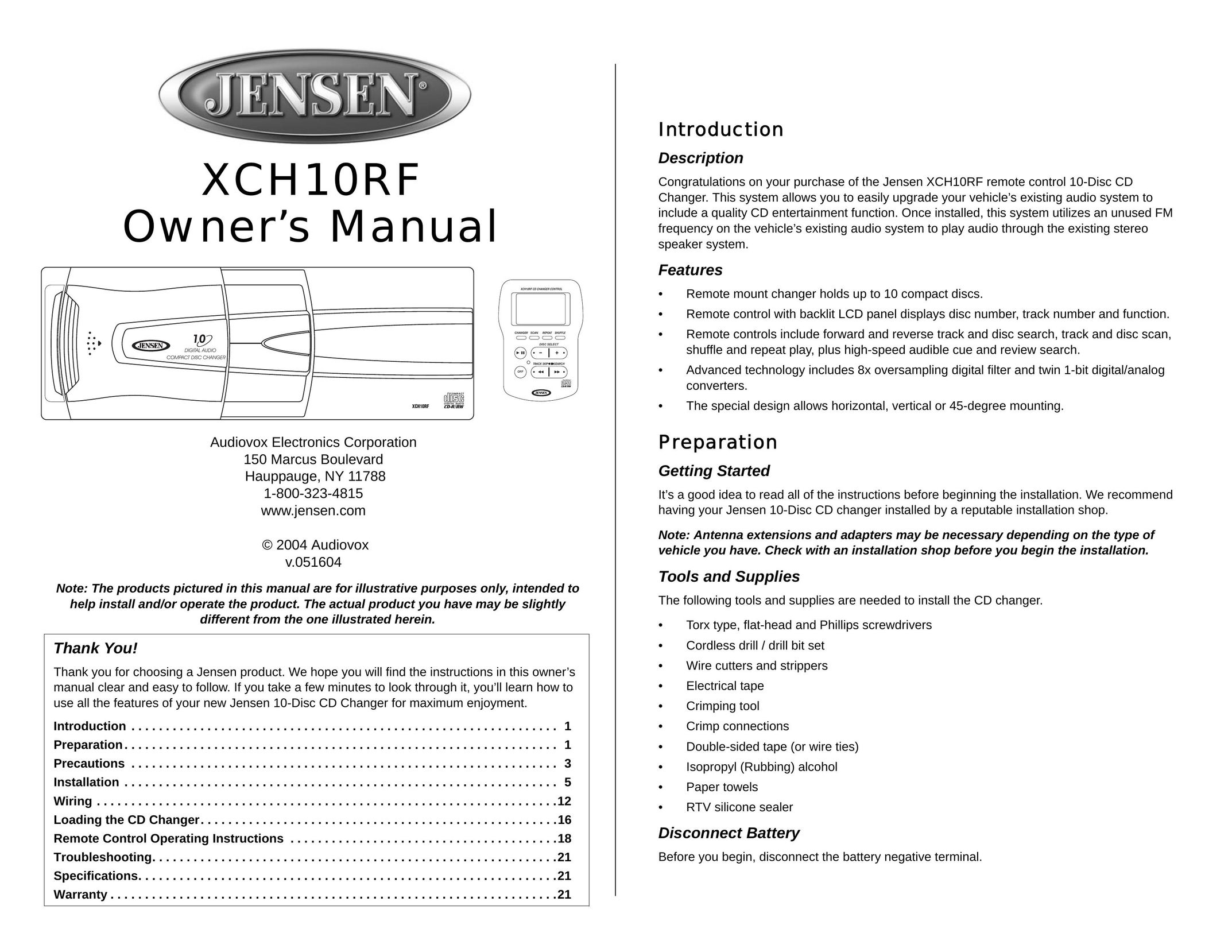 Audiovox XCH10RF CD Player User Manual