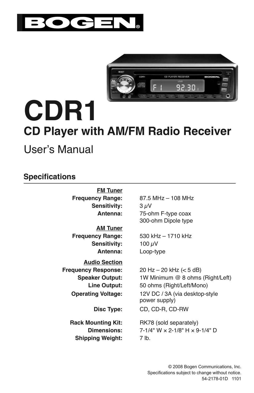 Bogen CDR1 CD Player User Manual