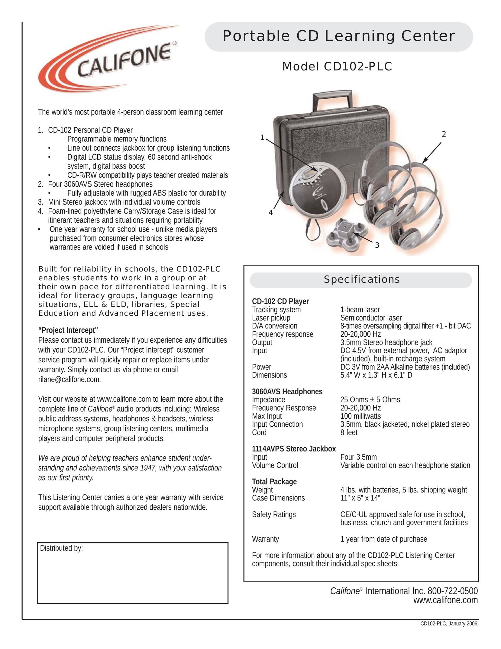 Califone CD102-PLC CD Player User Manual