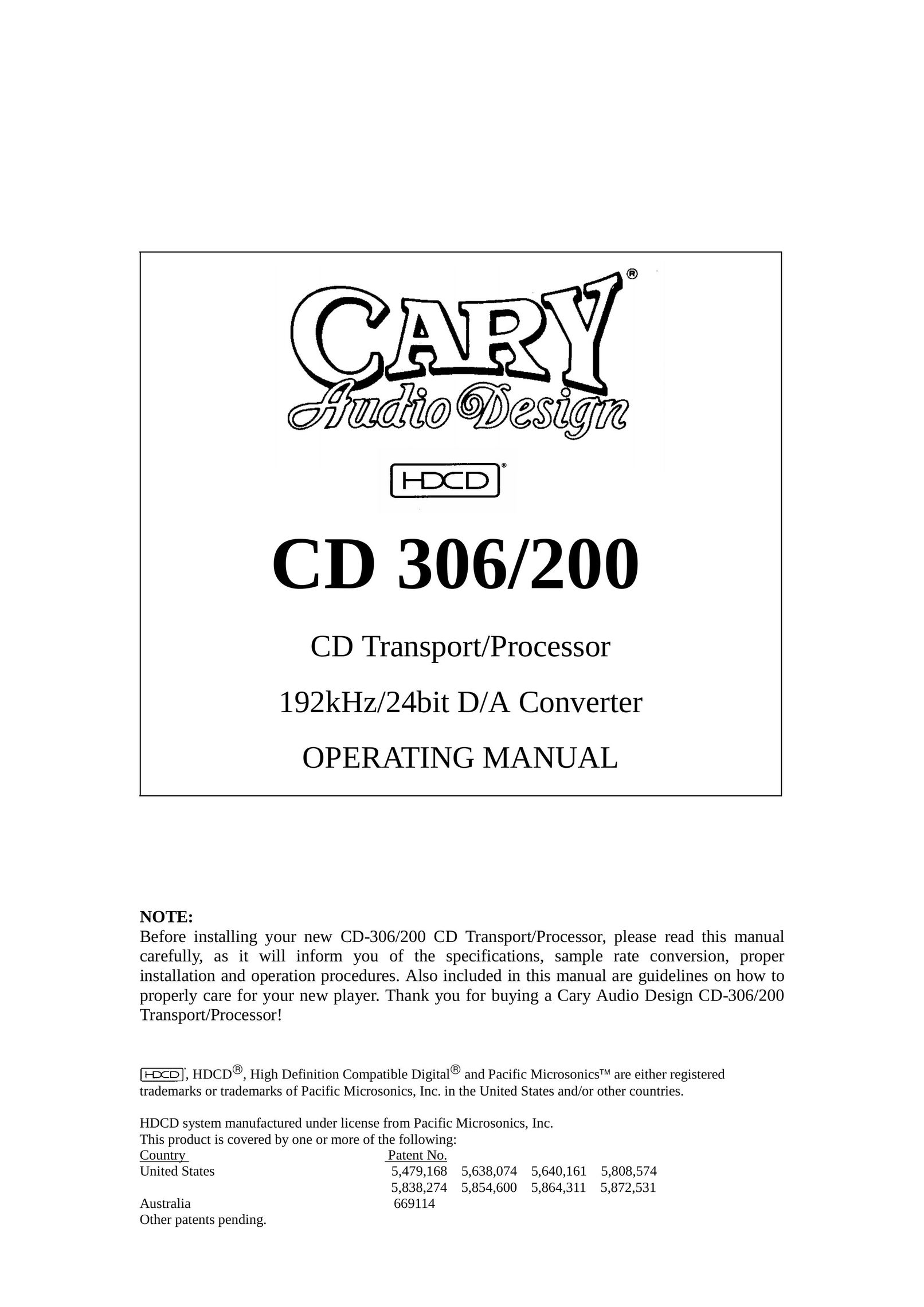 Cary Audio Design CD 200 CD Player User Manual