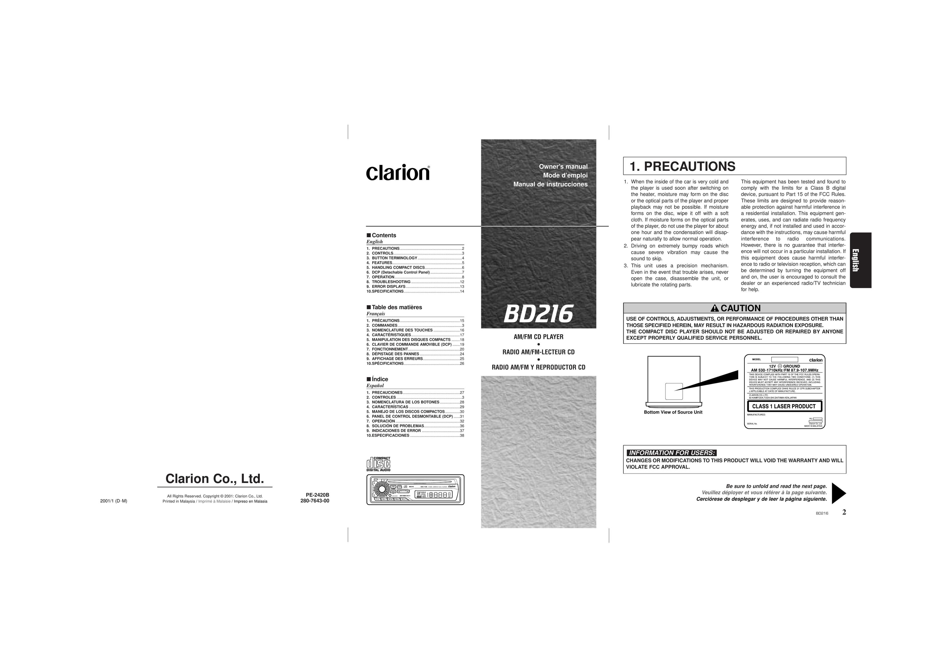 Clarion BD216 CD Player User Manual