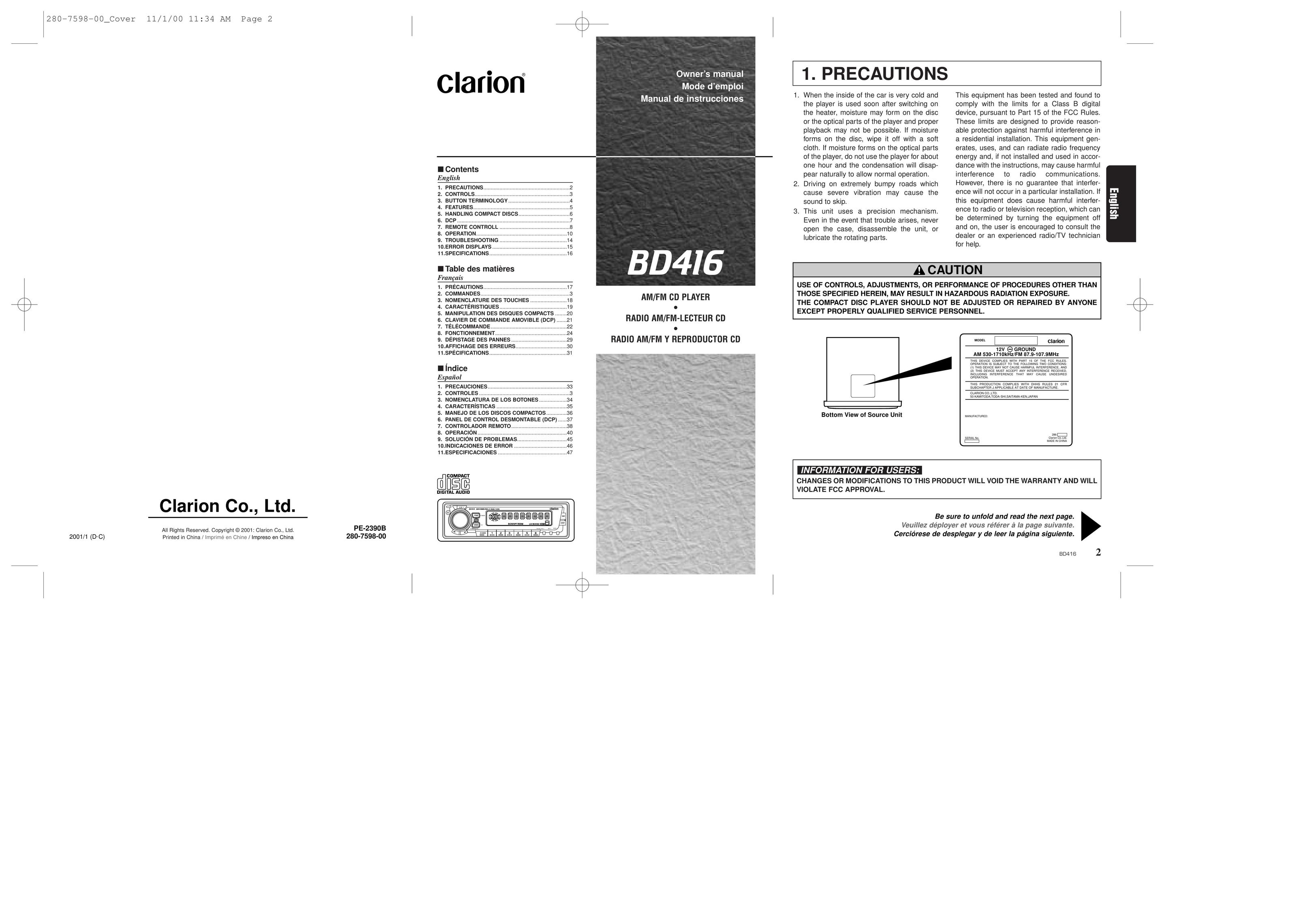Clarion BD416 CD Player User Manual