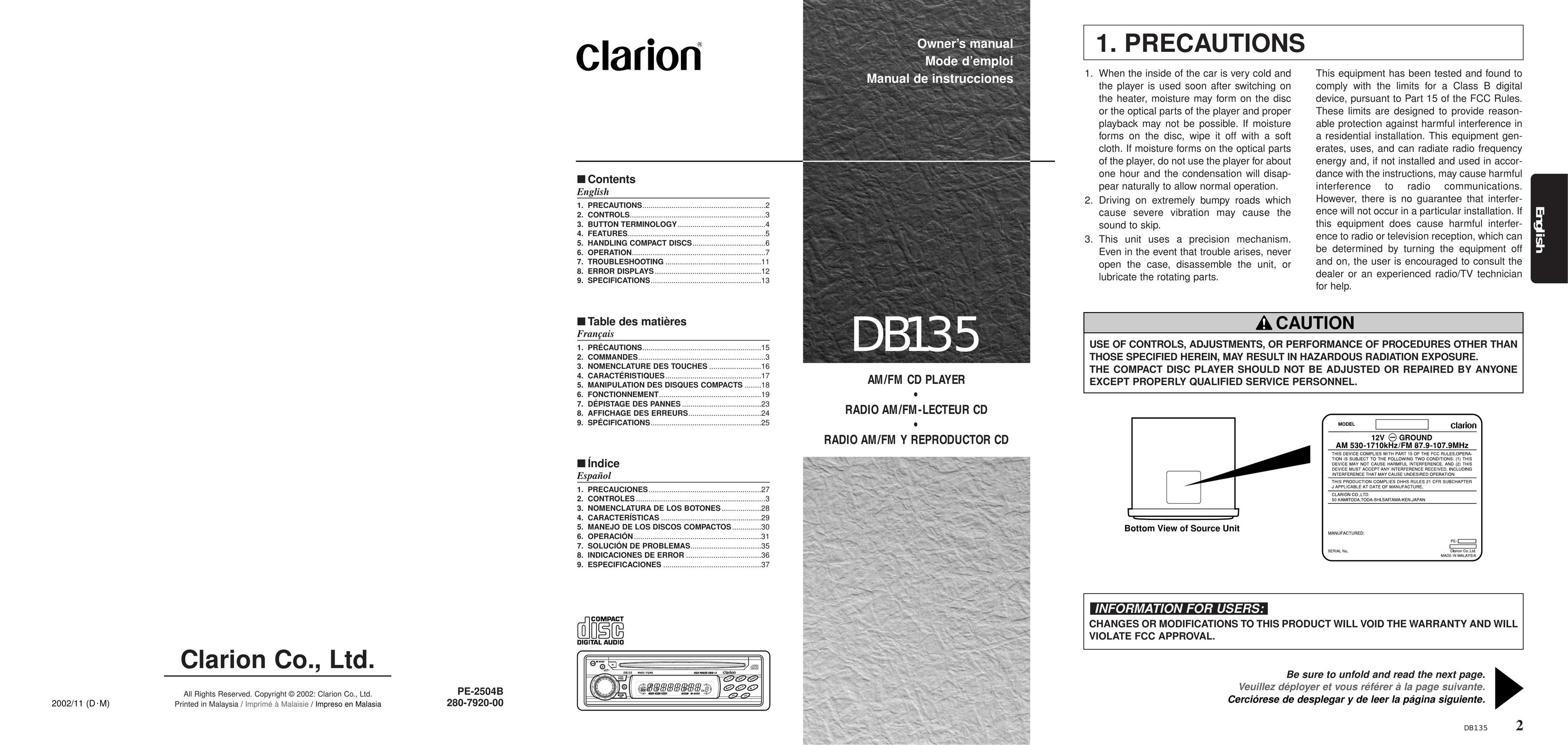 Clarion DB135 CD Player User Manual