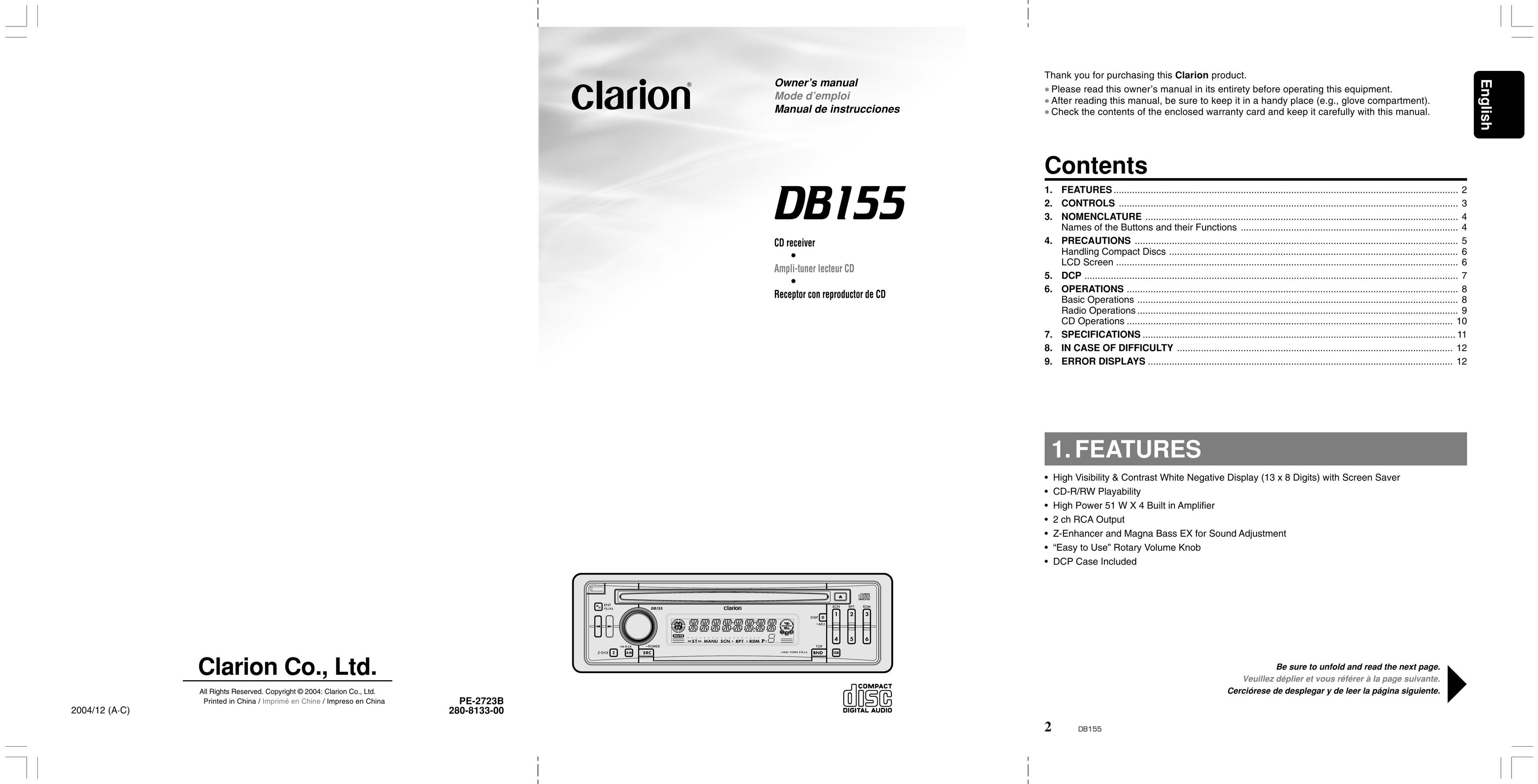 Clarion DB155 CD Player User Manual