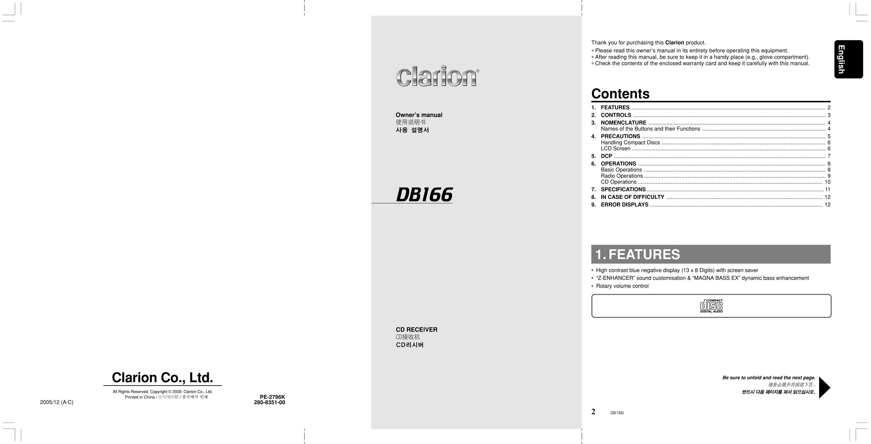 Clarion DB166 CD Player User Manual