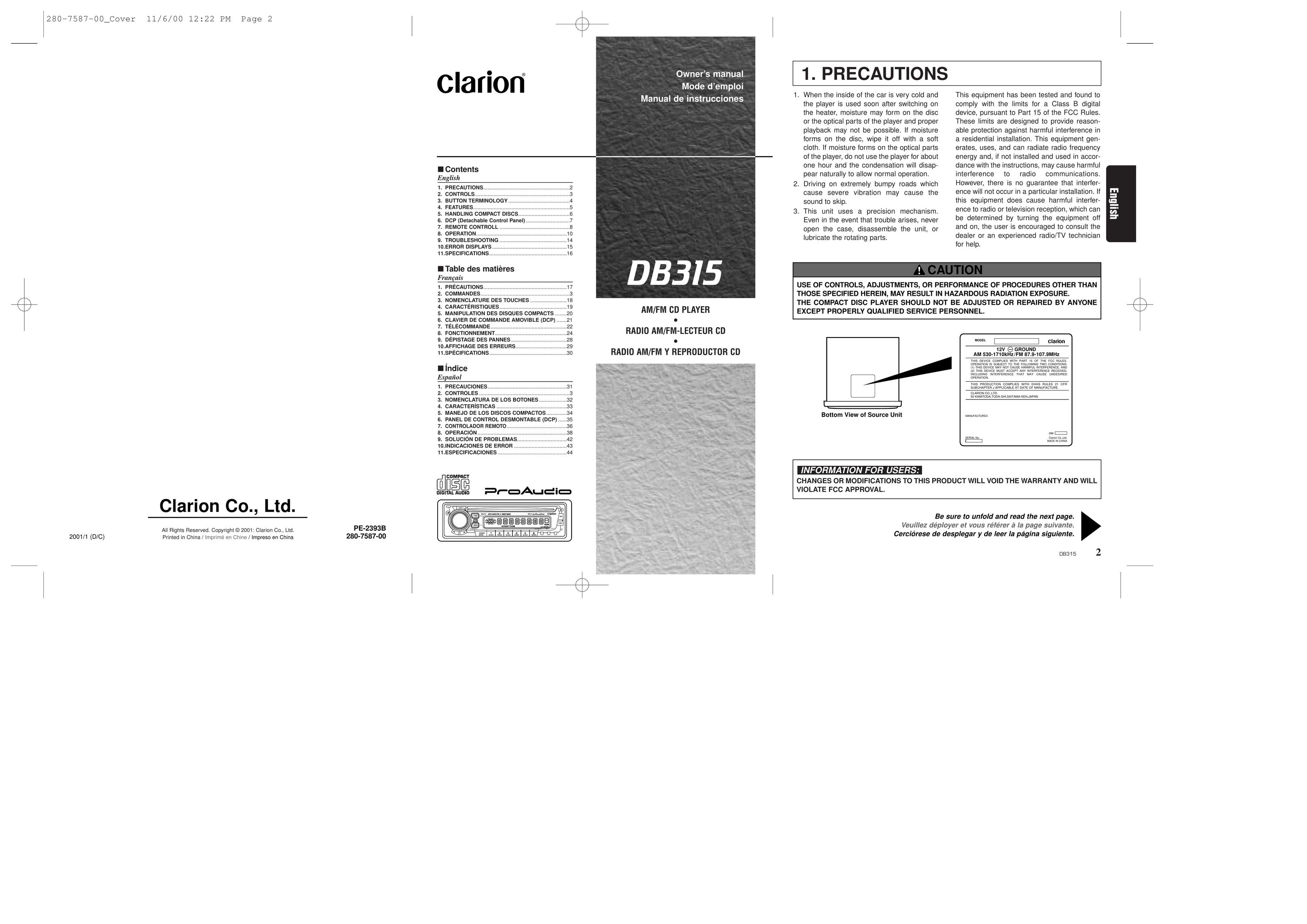 Clarion DB315 CD Player User Manual