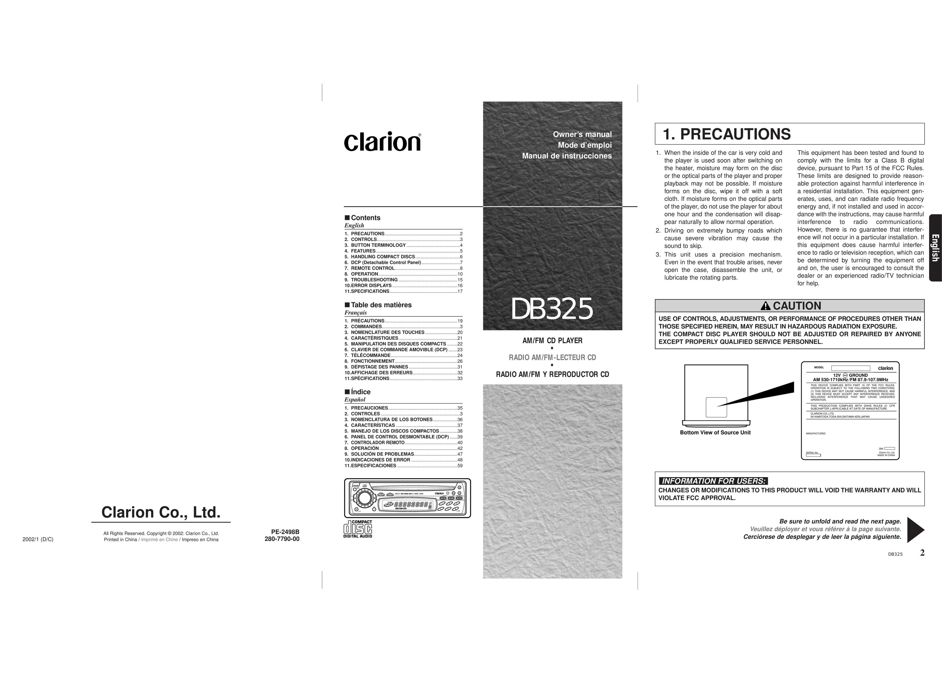 Clarion DB325am/ CD Player User Manual