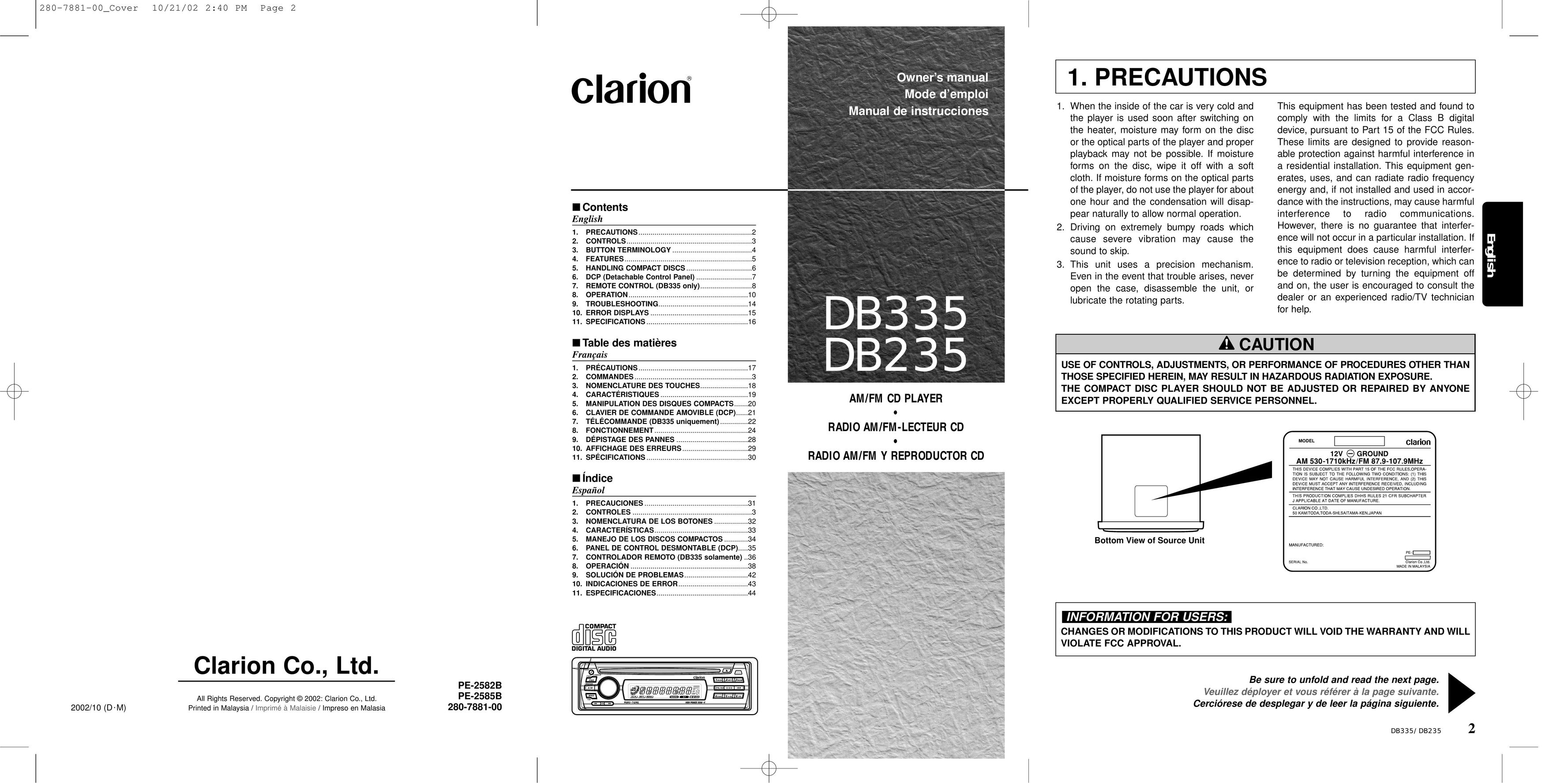 Clarion DB335 CD Player User Manual