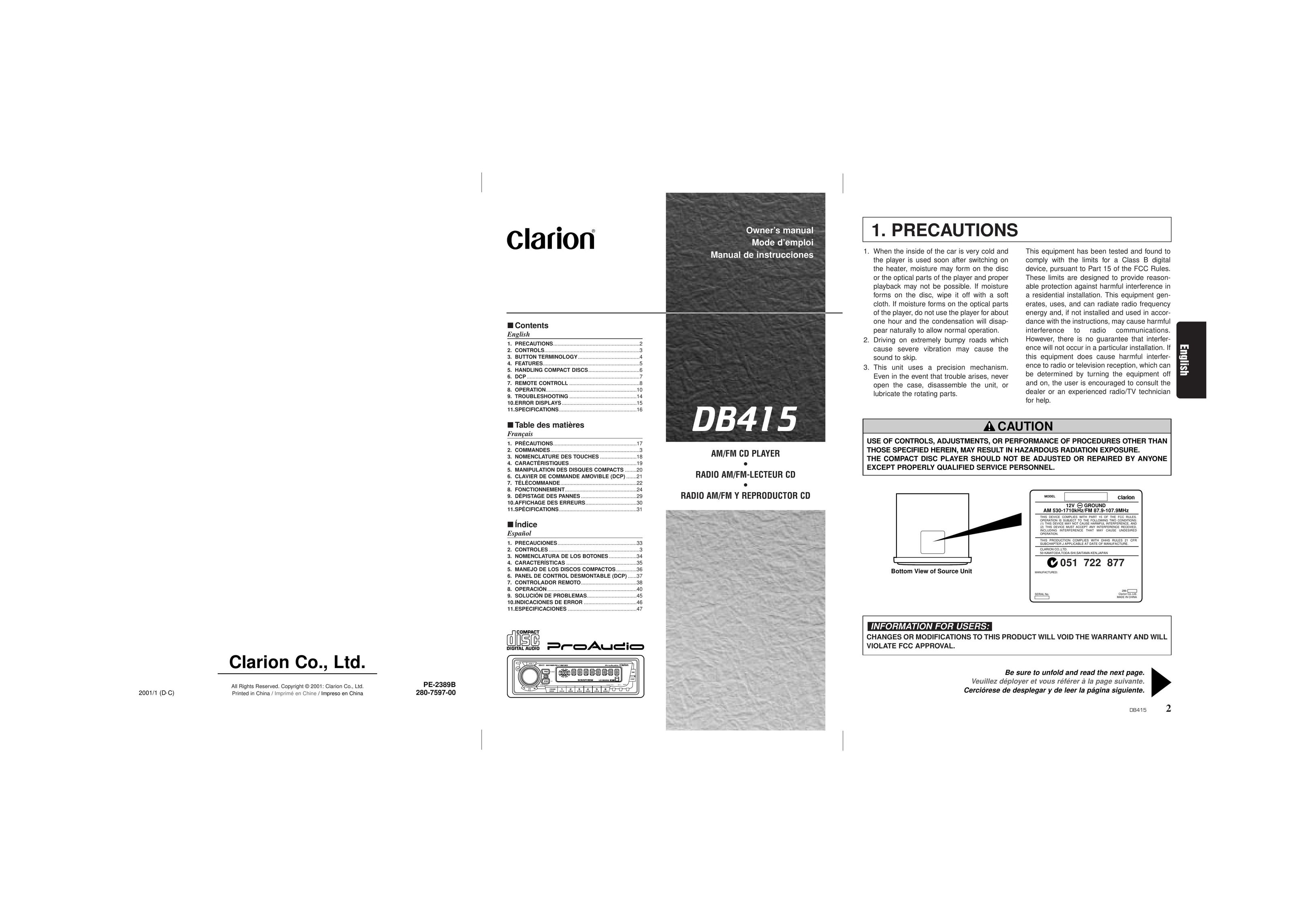 Clarion DB415 CD Player User Manual