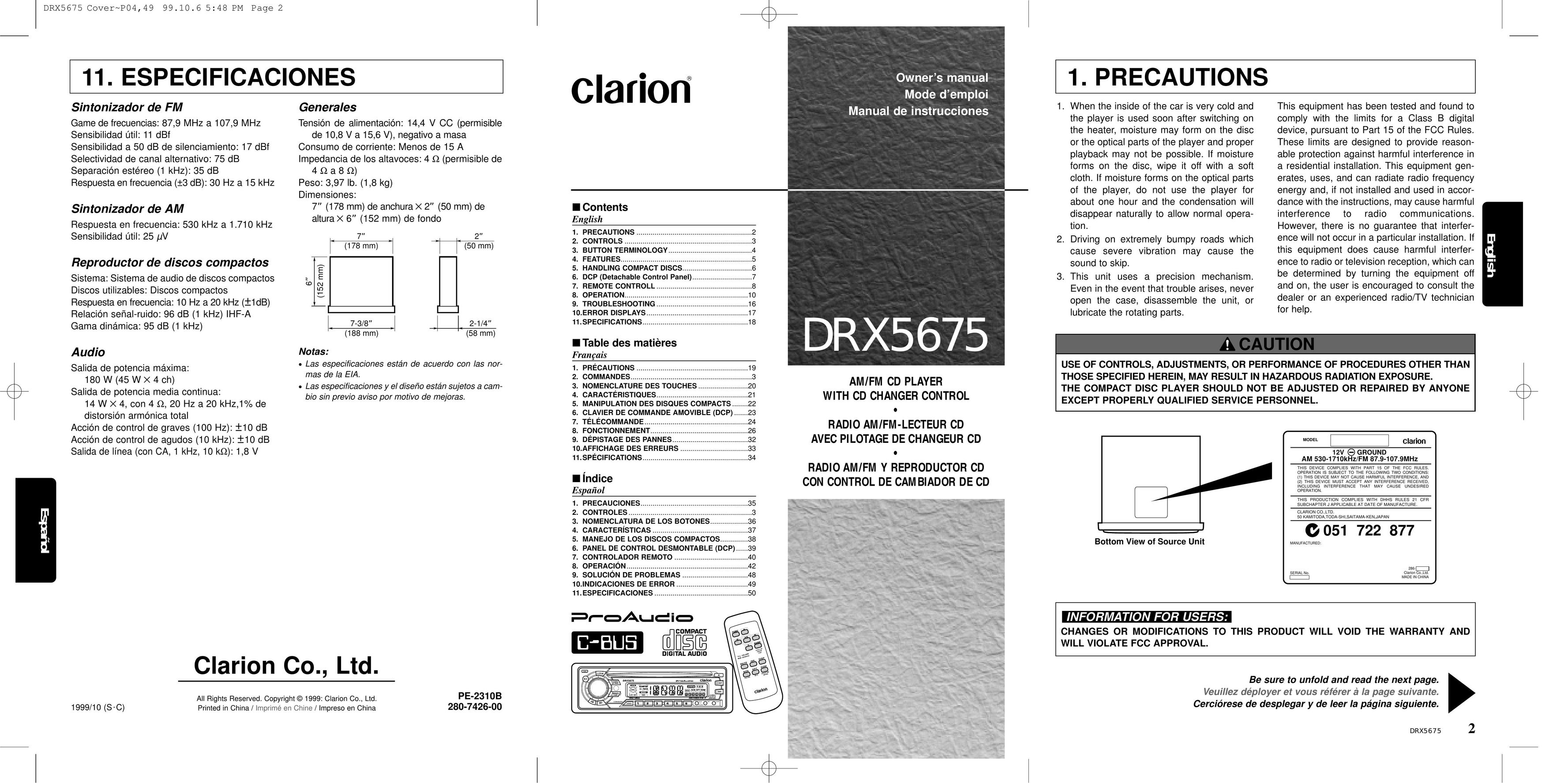 Clarion DRX5675 CD Player User Manual
