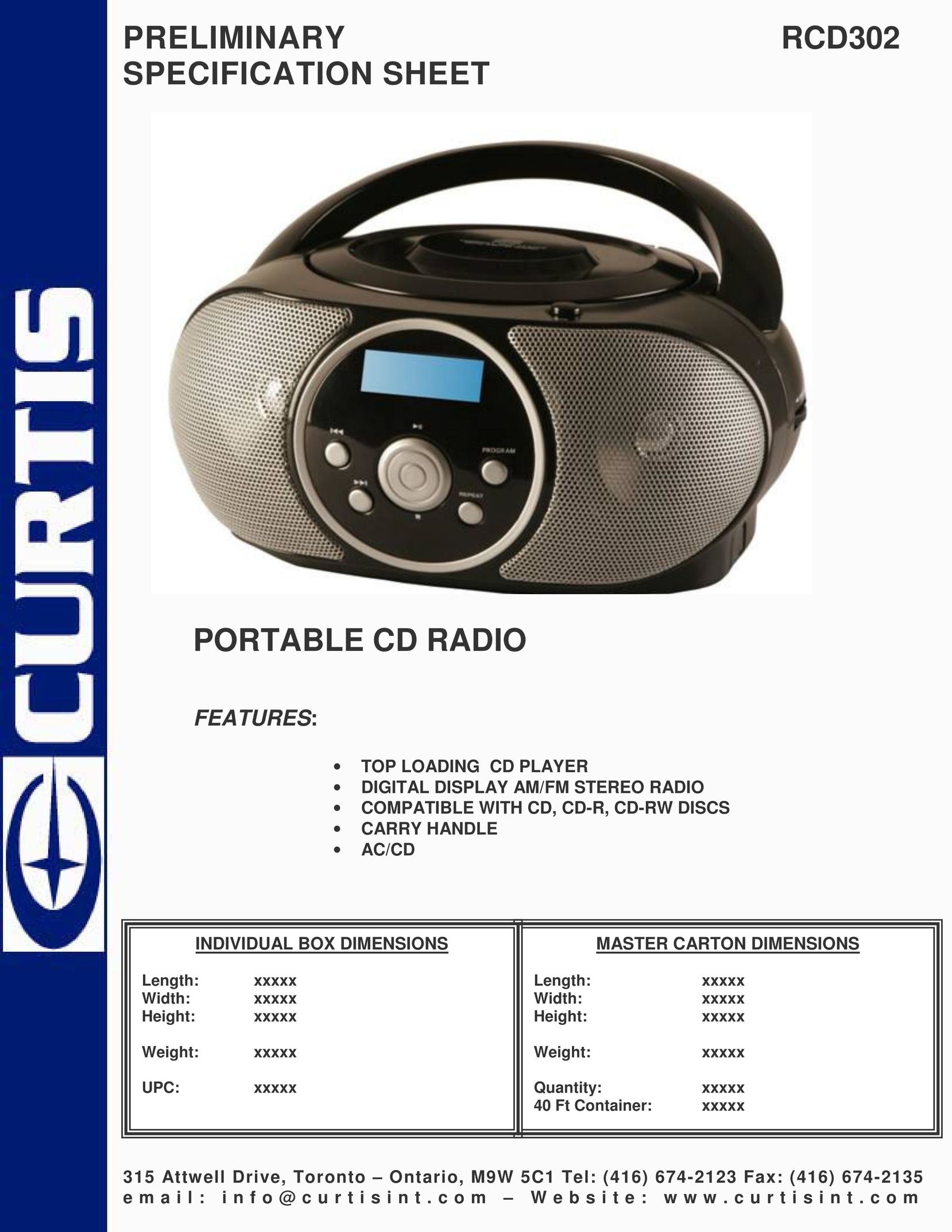 Curtis RCD302 CD Player User Manual