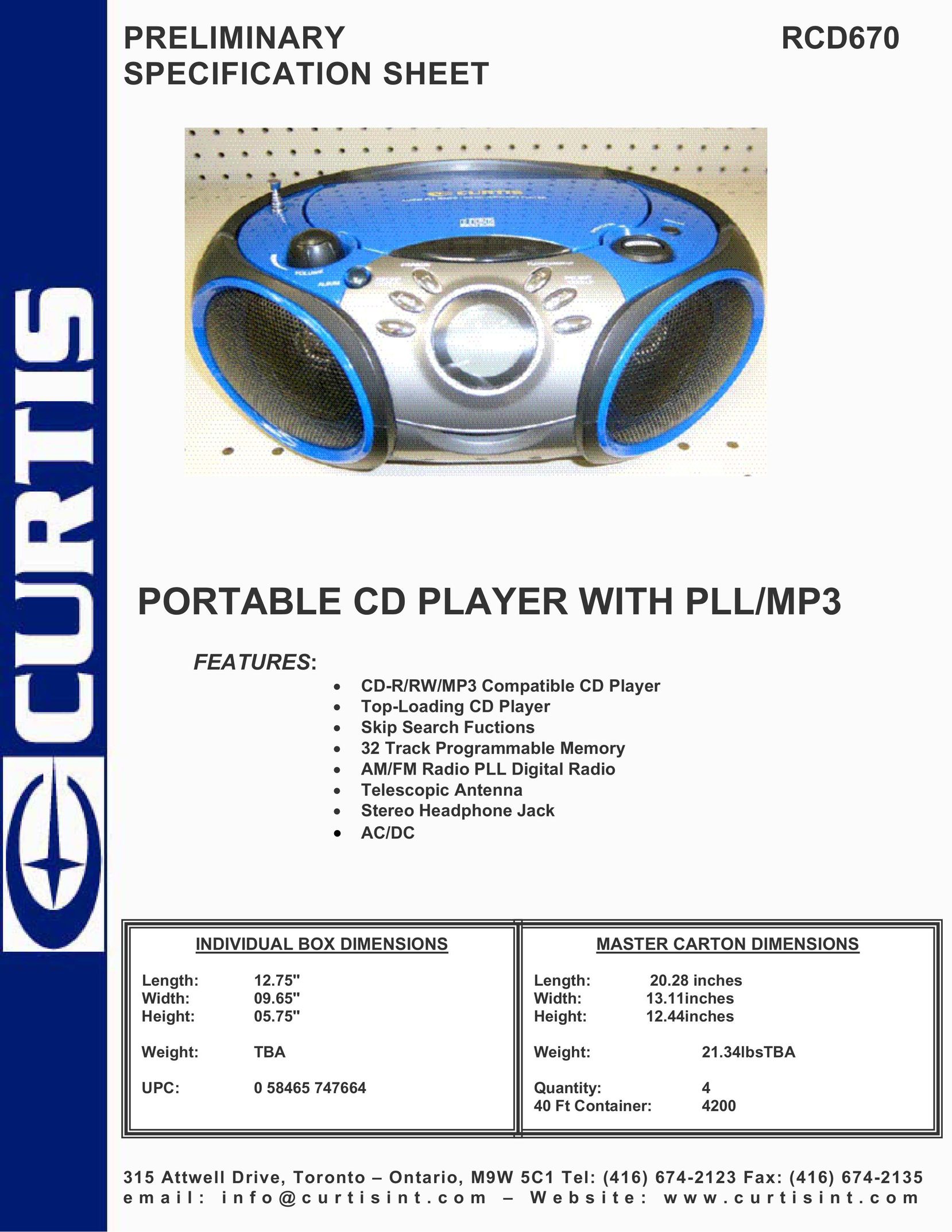Curtis RCD670 CD Player User Manual