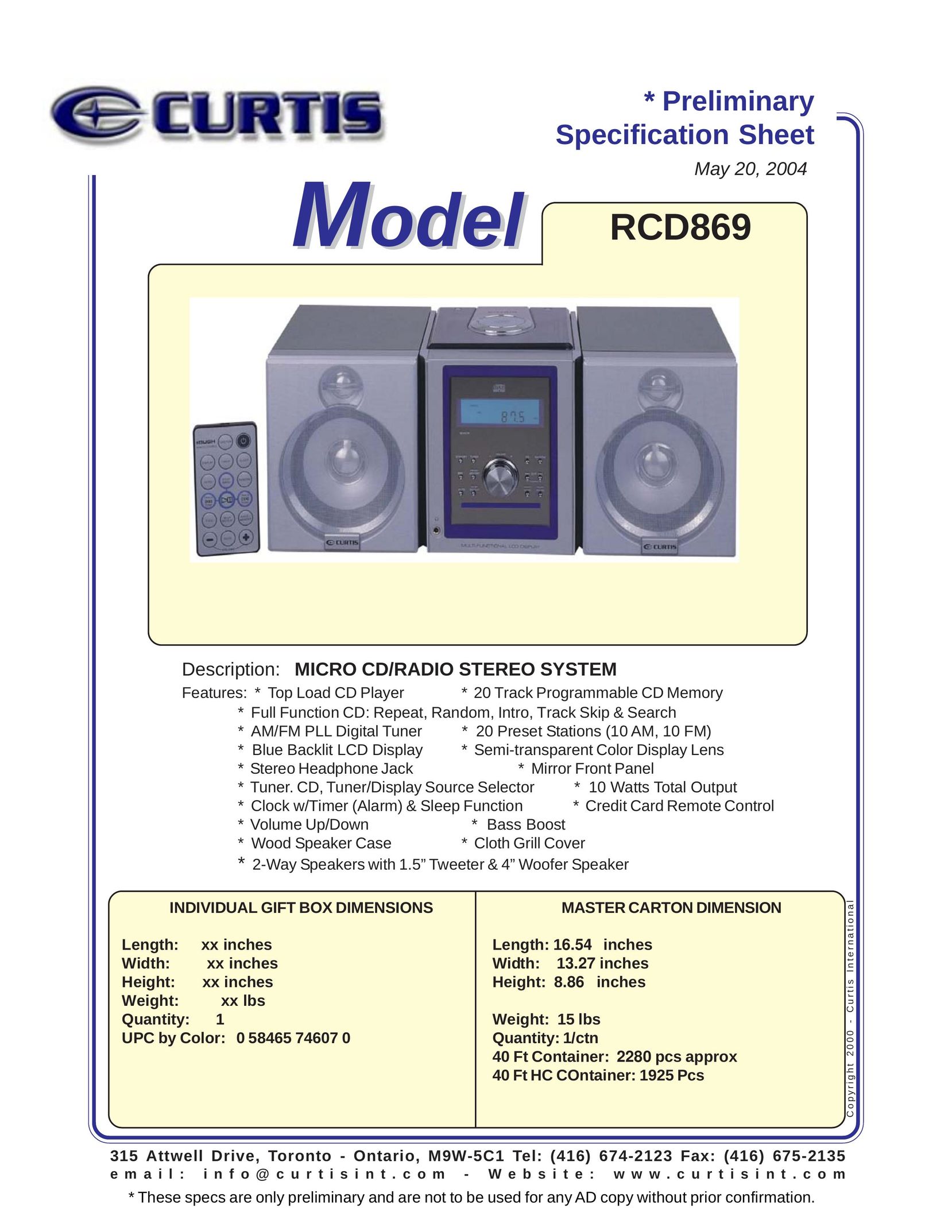 Curtis RCD869 CD Player User Manual