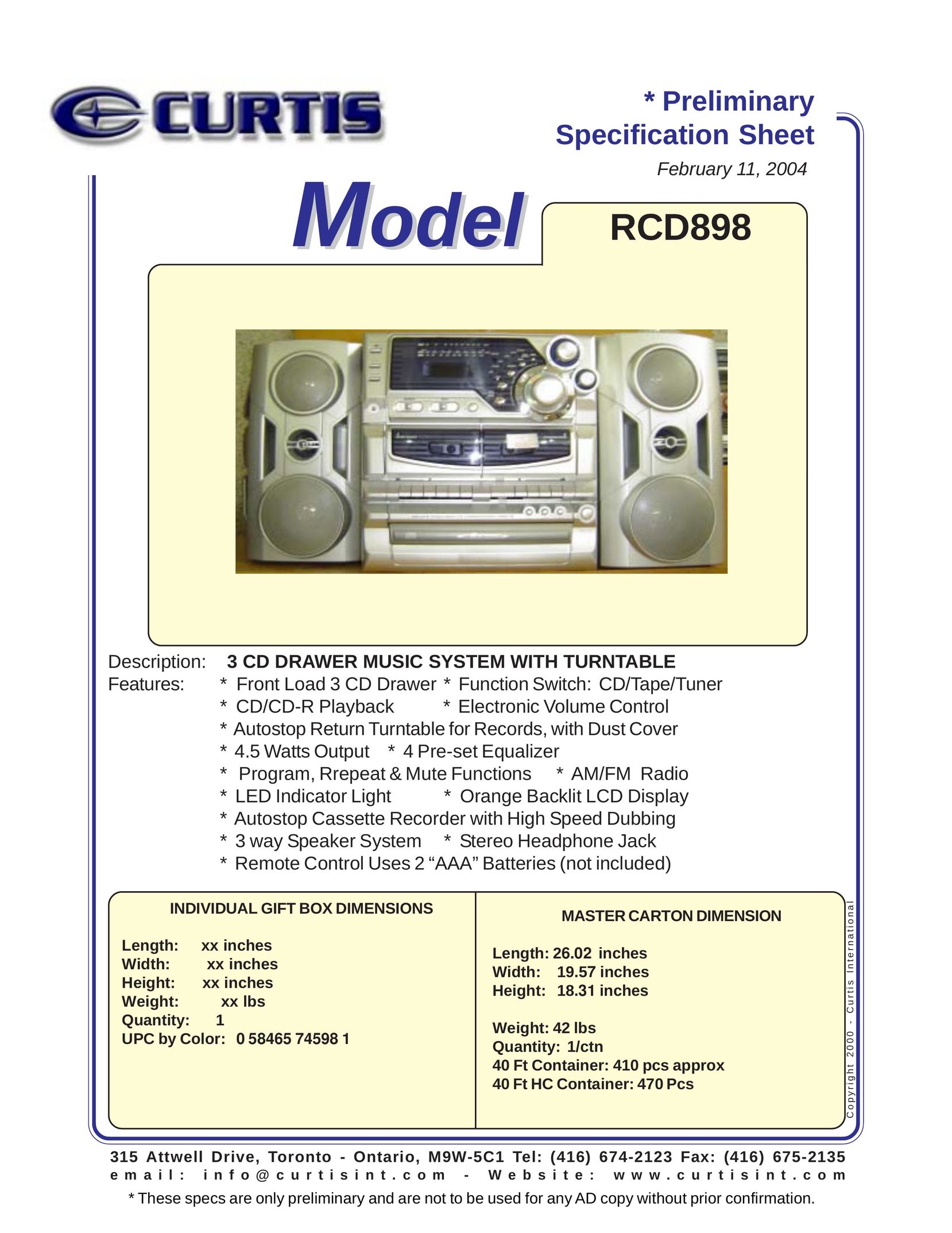Curtis RCD898 CD Player User Manual