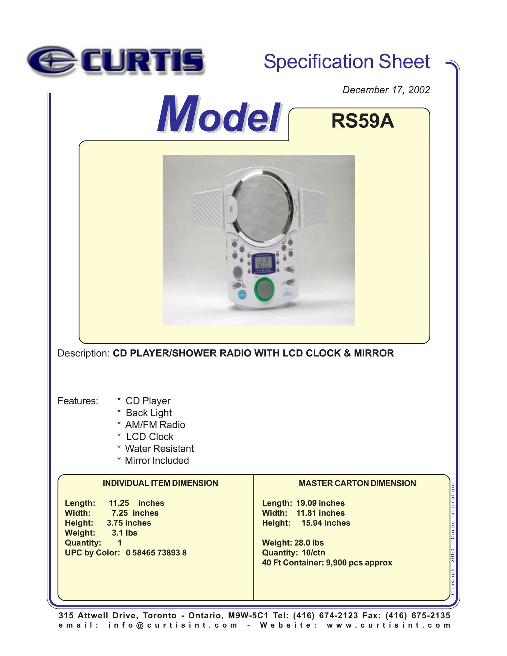 Curtis RS59A CD Player User Manual