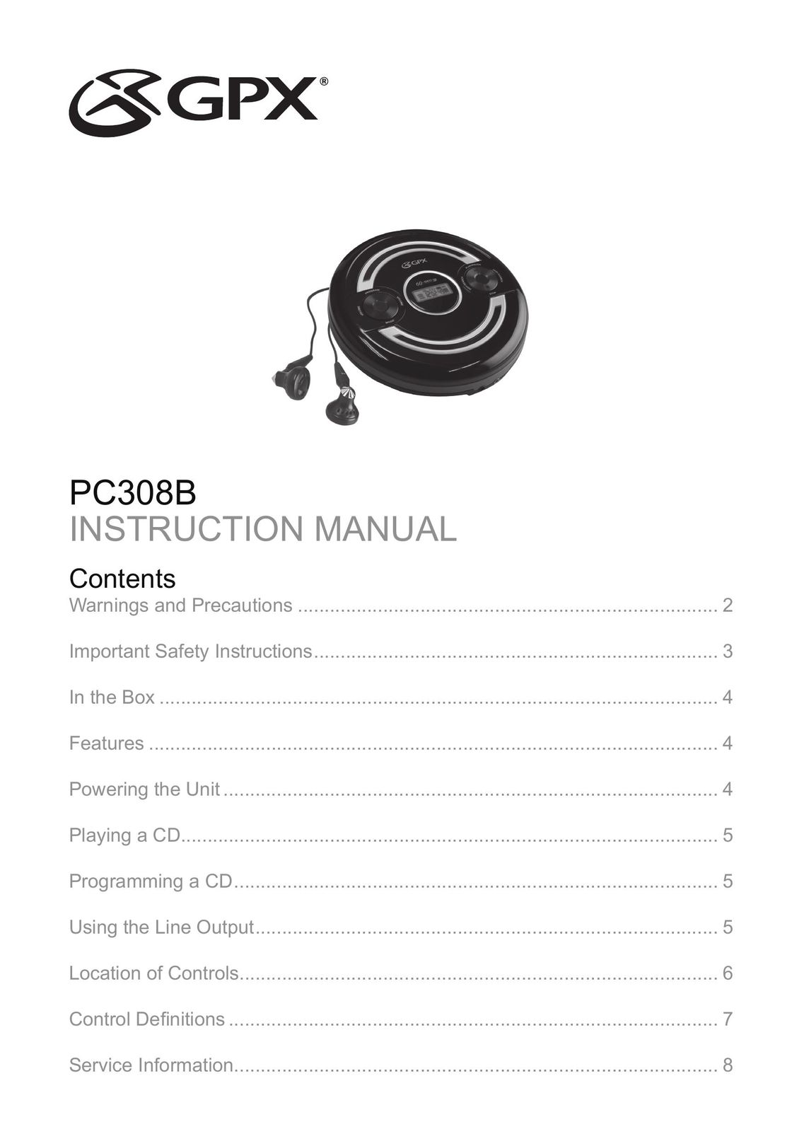 GPX PC308B CD Player User Manual