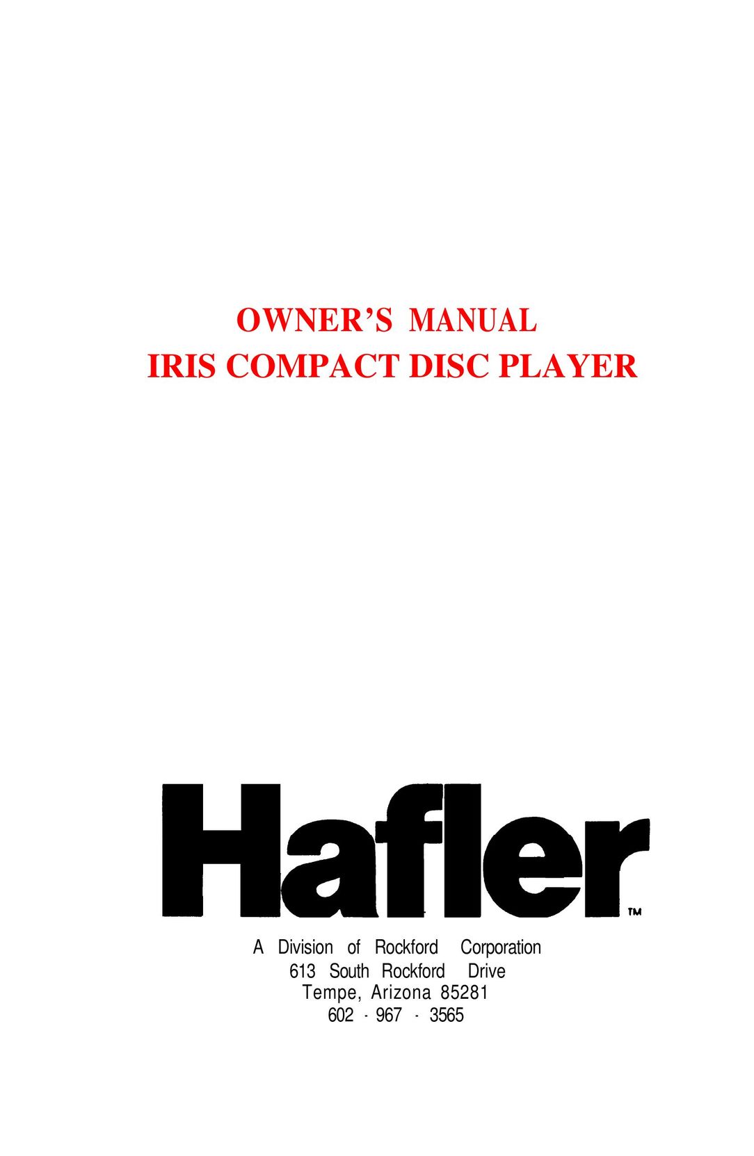 Hafler IRIS COMPACT DISC PLAYER CD Player User Manual