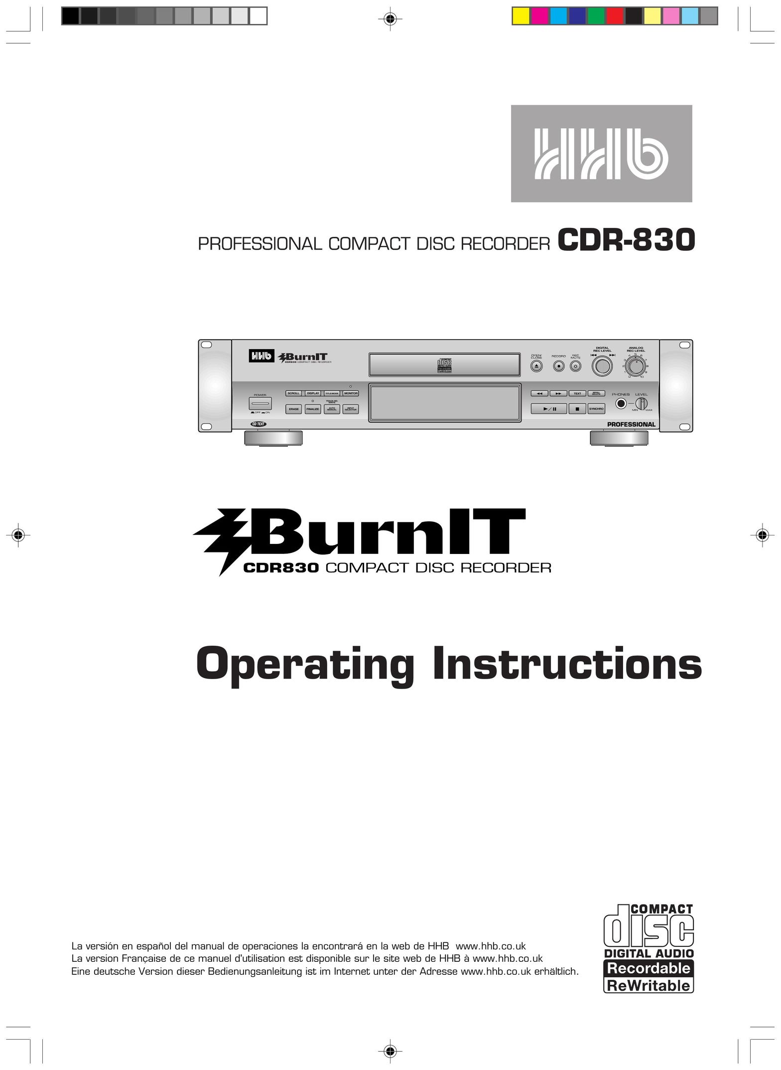 HHB comm CDR 830 CD Player User Manual
