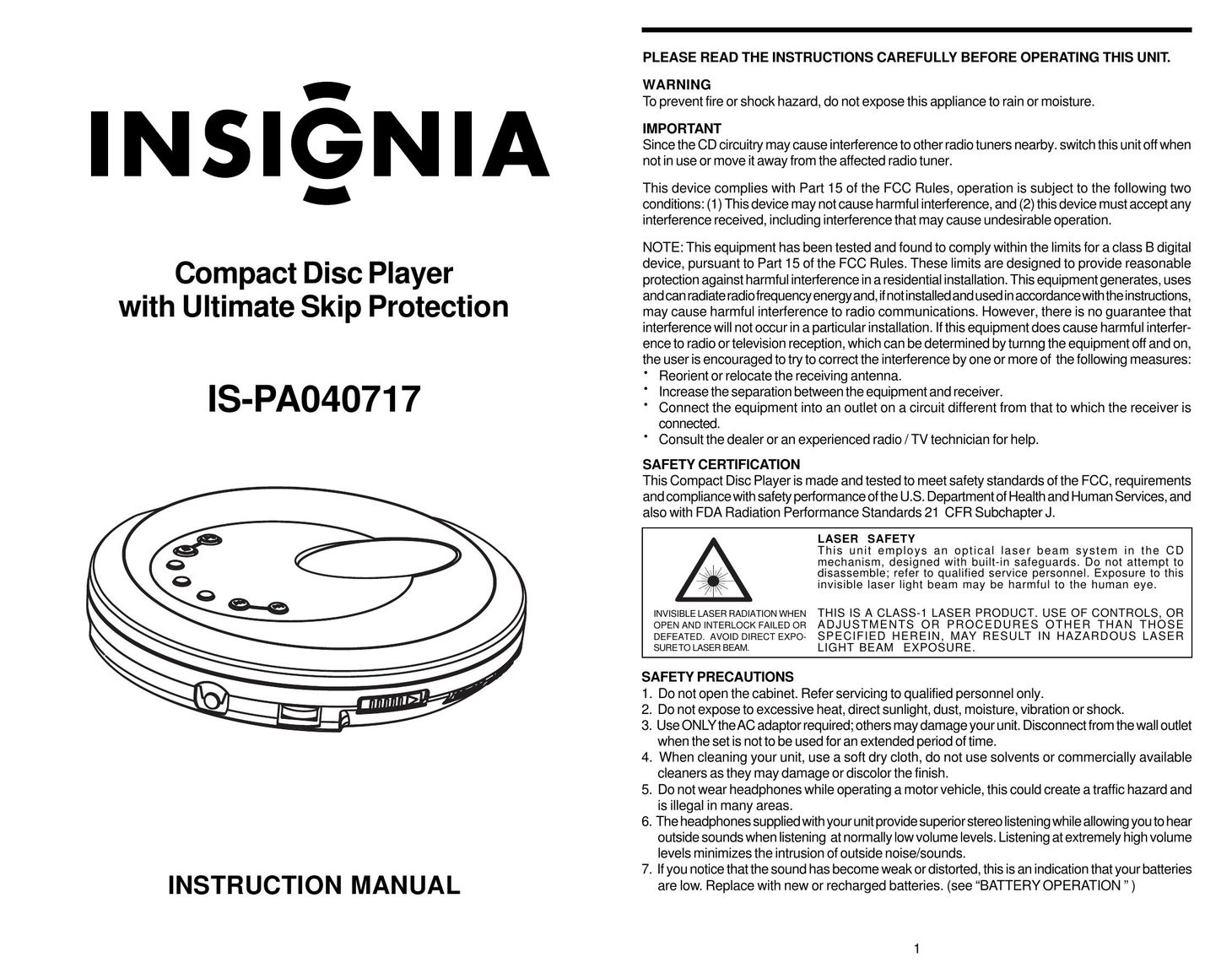 Insignia IS-PA040717 CD Player User Manual