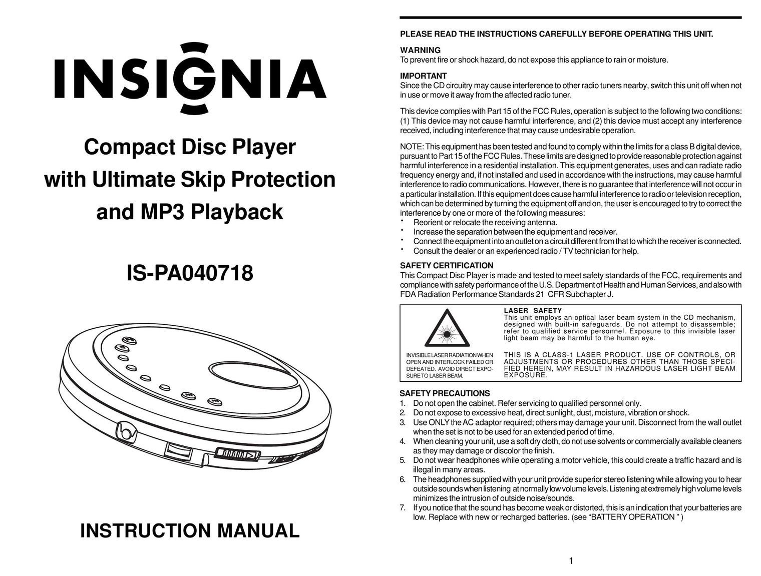 Insignia IS-PA040718 CD Player User Manual