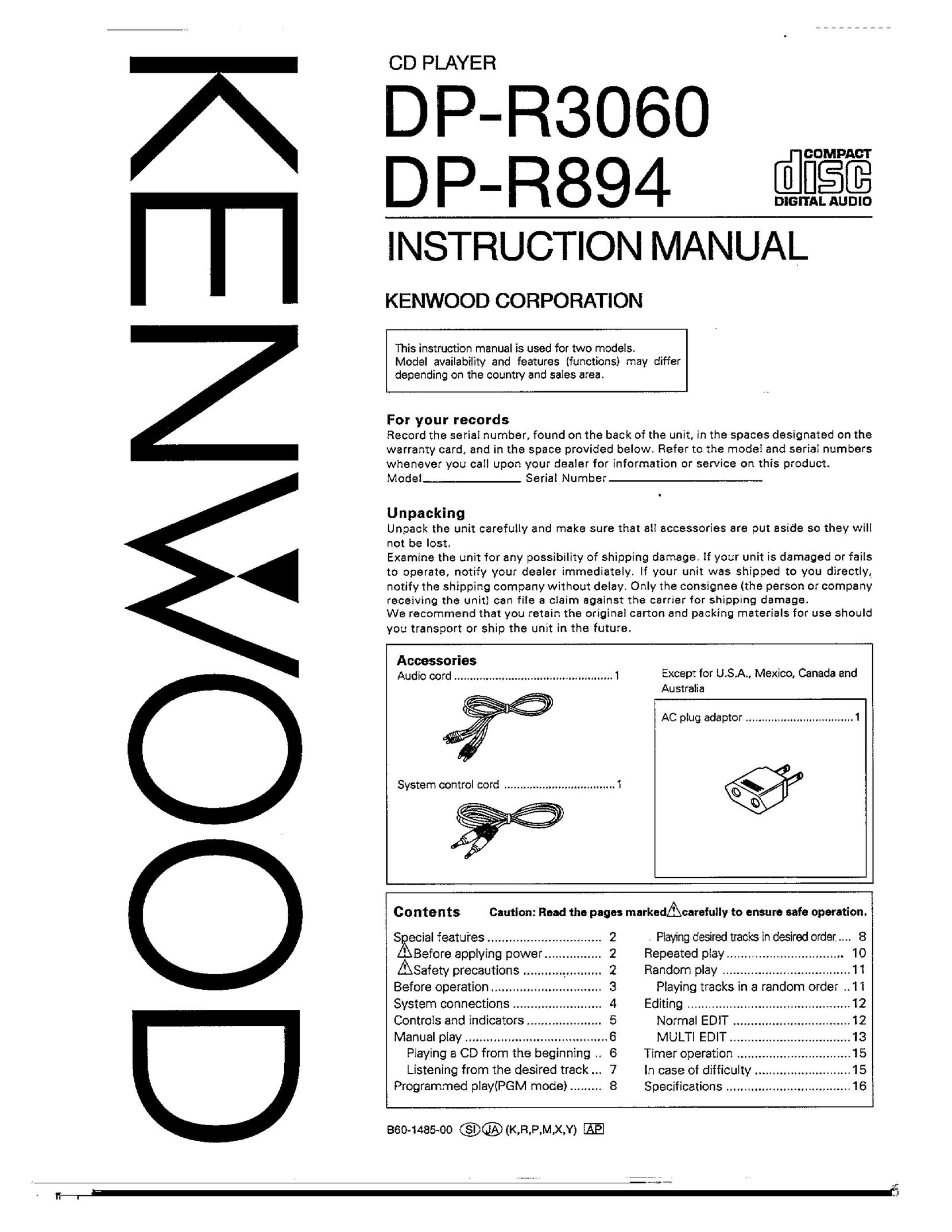 Kenwood DP-R3060 CD Player User Manual
