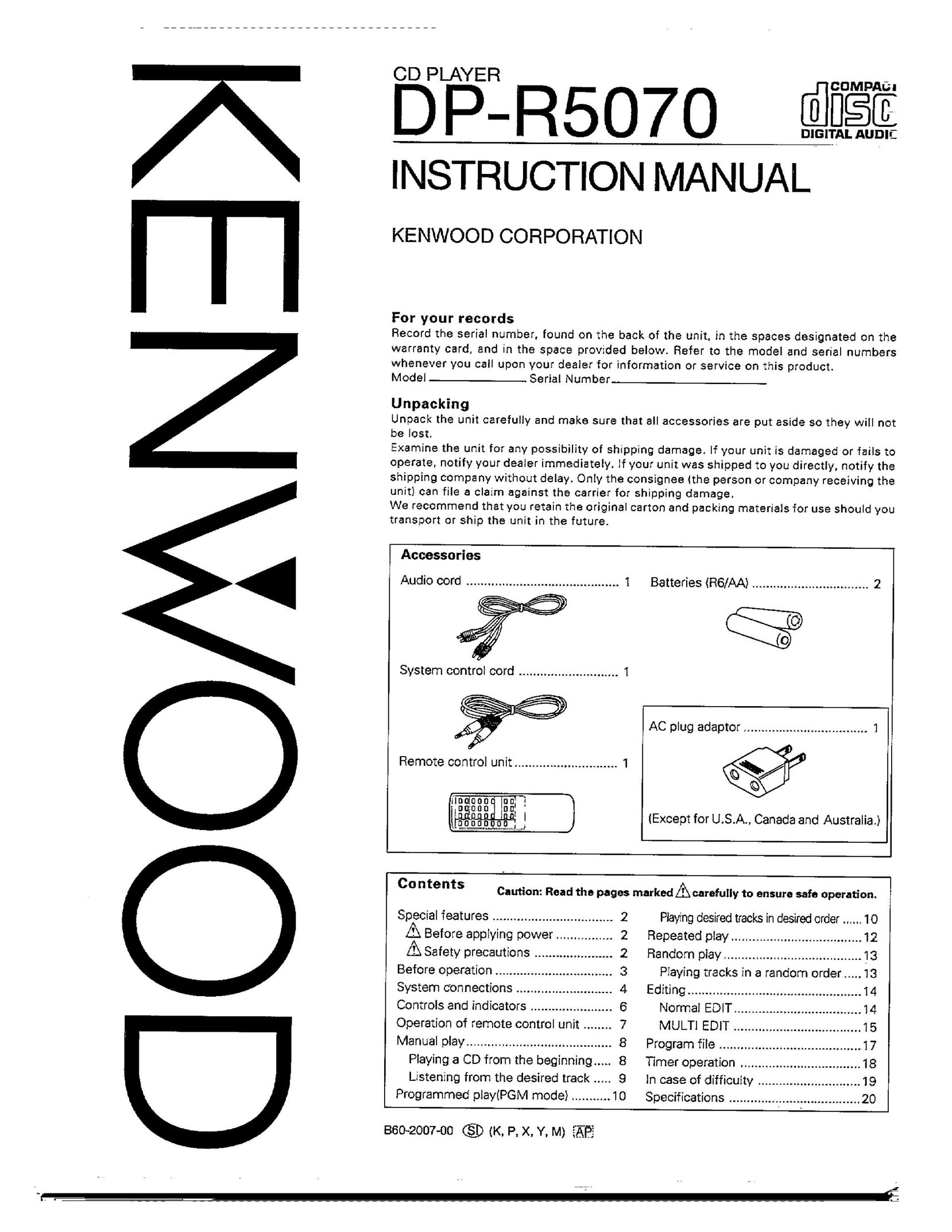 Kenwood DP-R5070 CD Player User Manual