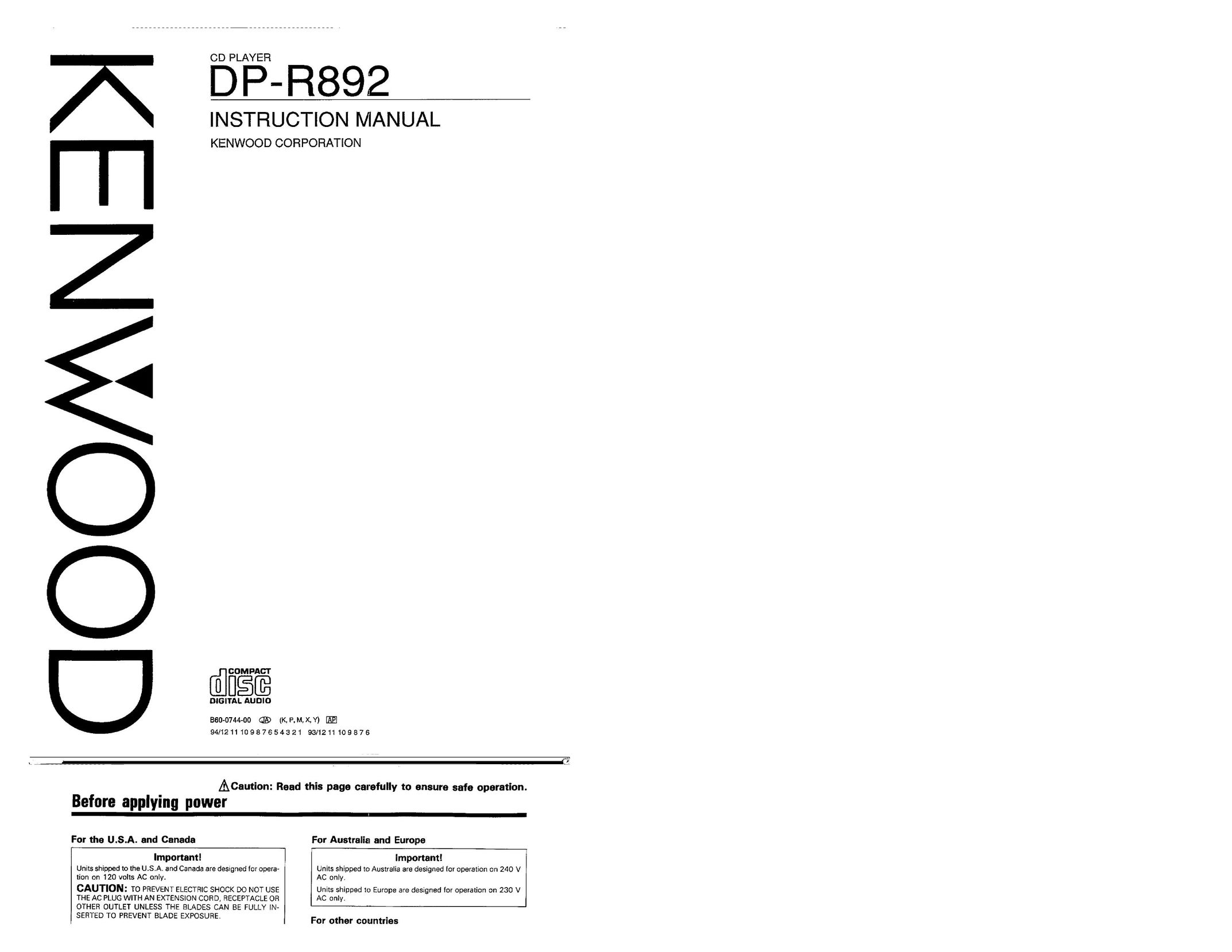 Kenwood DP-R892 CD Player User Manual