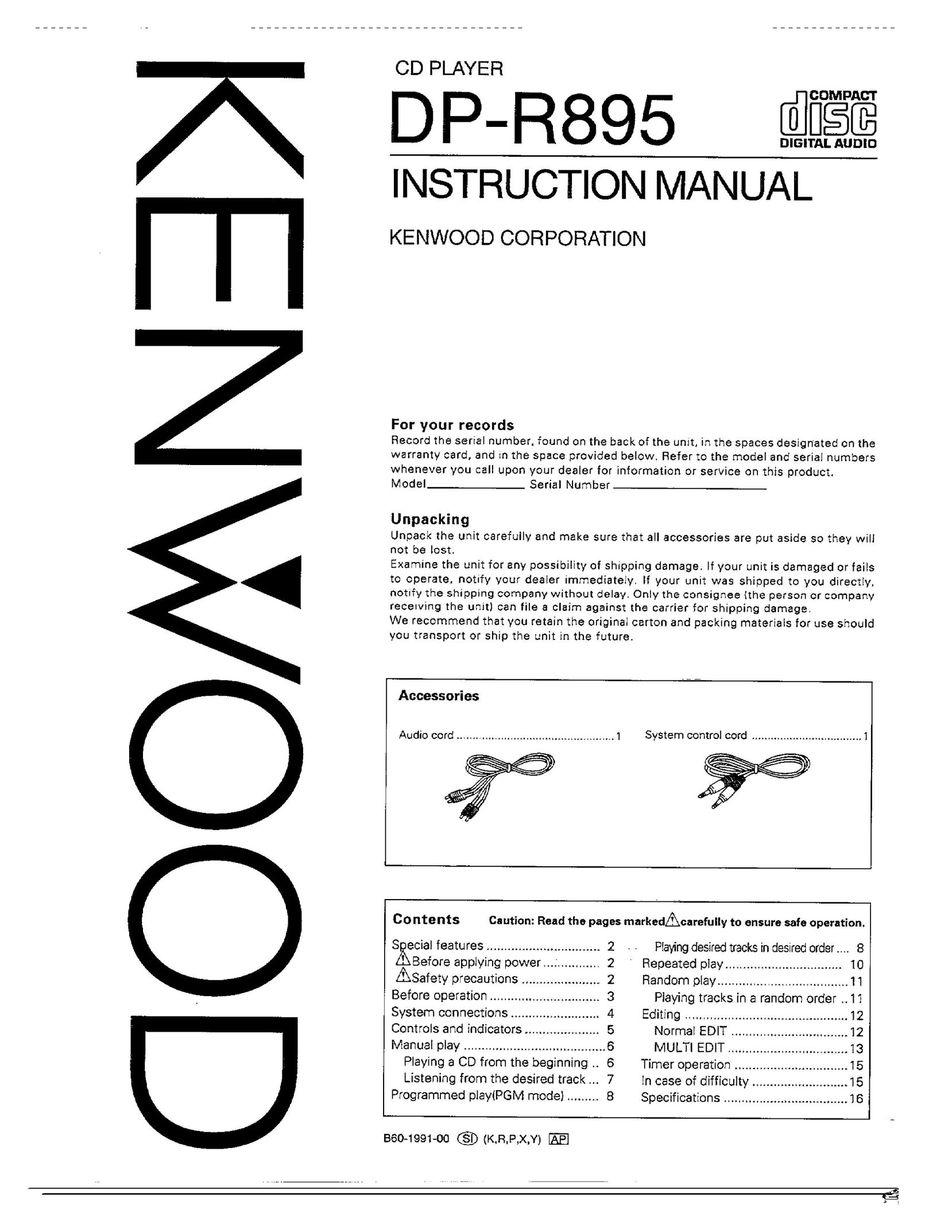 Kenwood DP-R895 CD Player User Manual