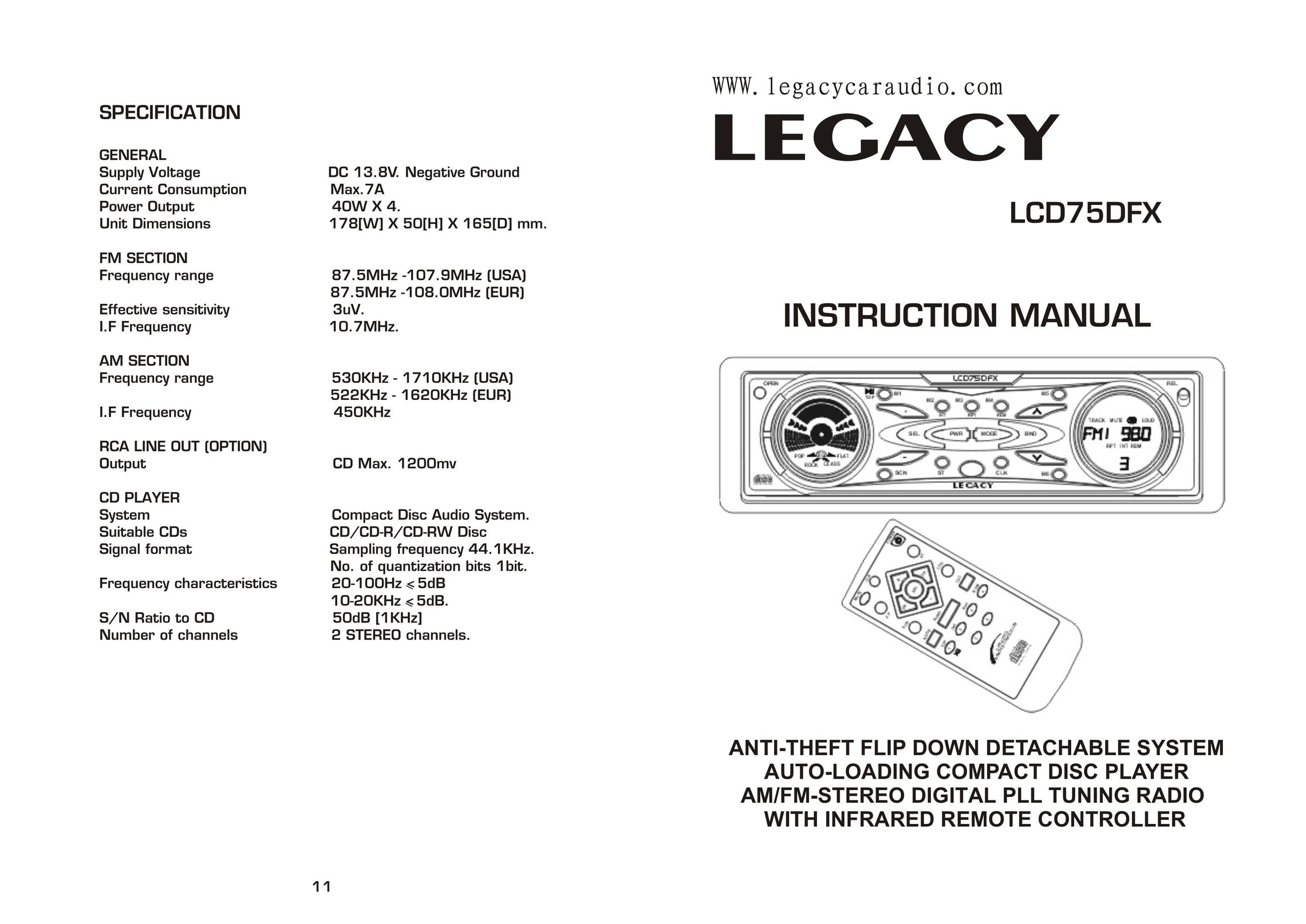 Legacy Car Audio LCD75DFX CD Player User Manual